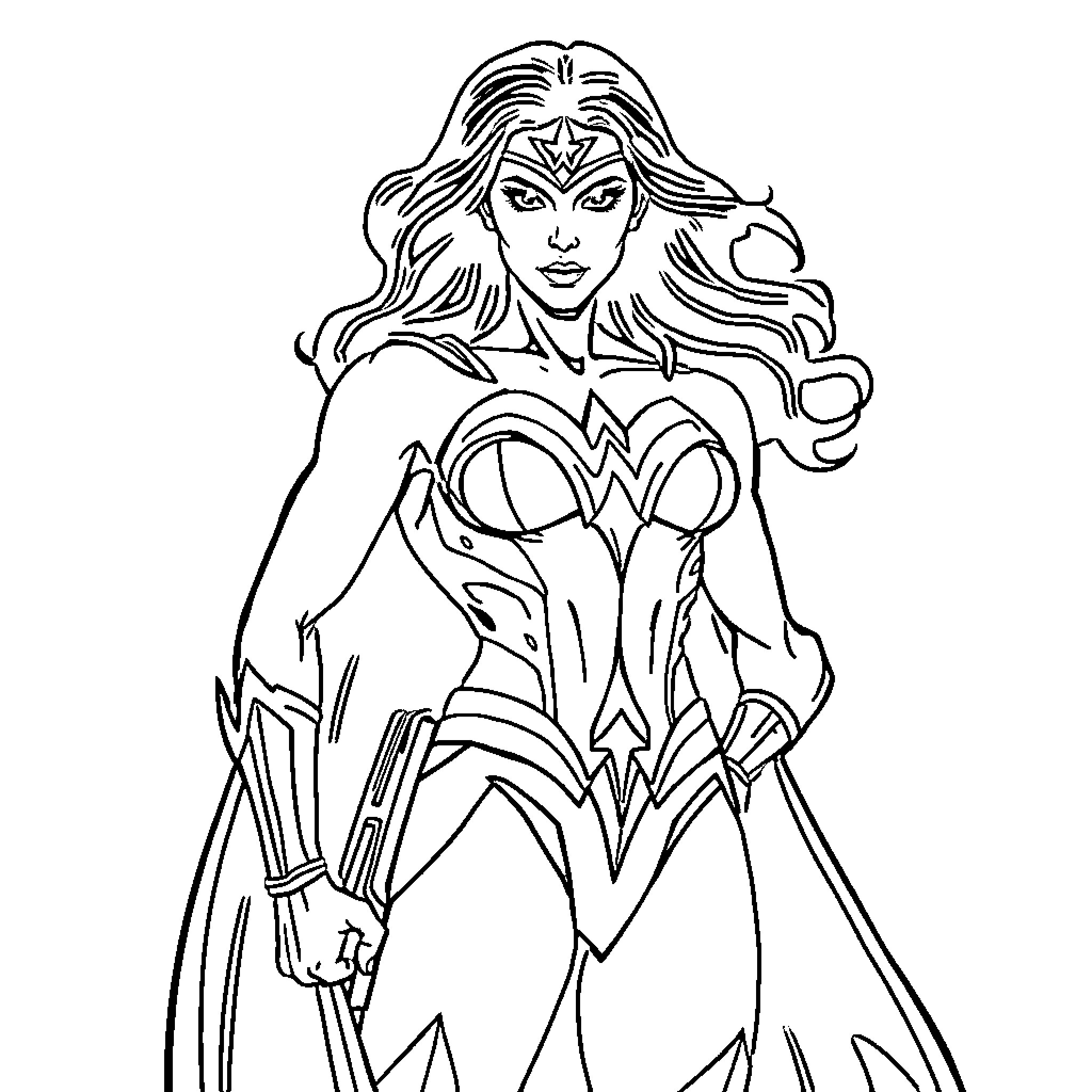 Wonder Woman in action hero pose Coloring Page (free black-and-white line drawing printable PDF for all, from beginners to advanced learners, including children, teens, adults, and seniors)