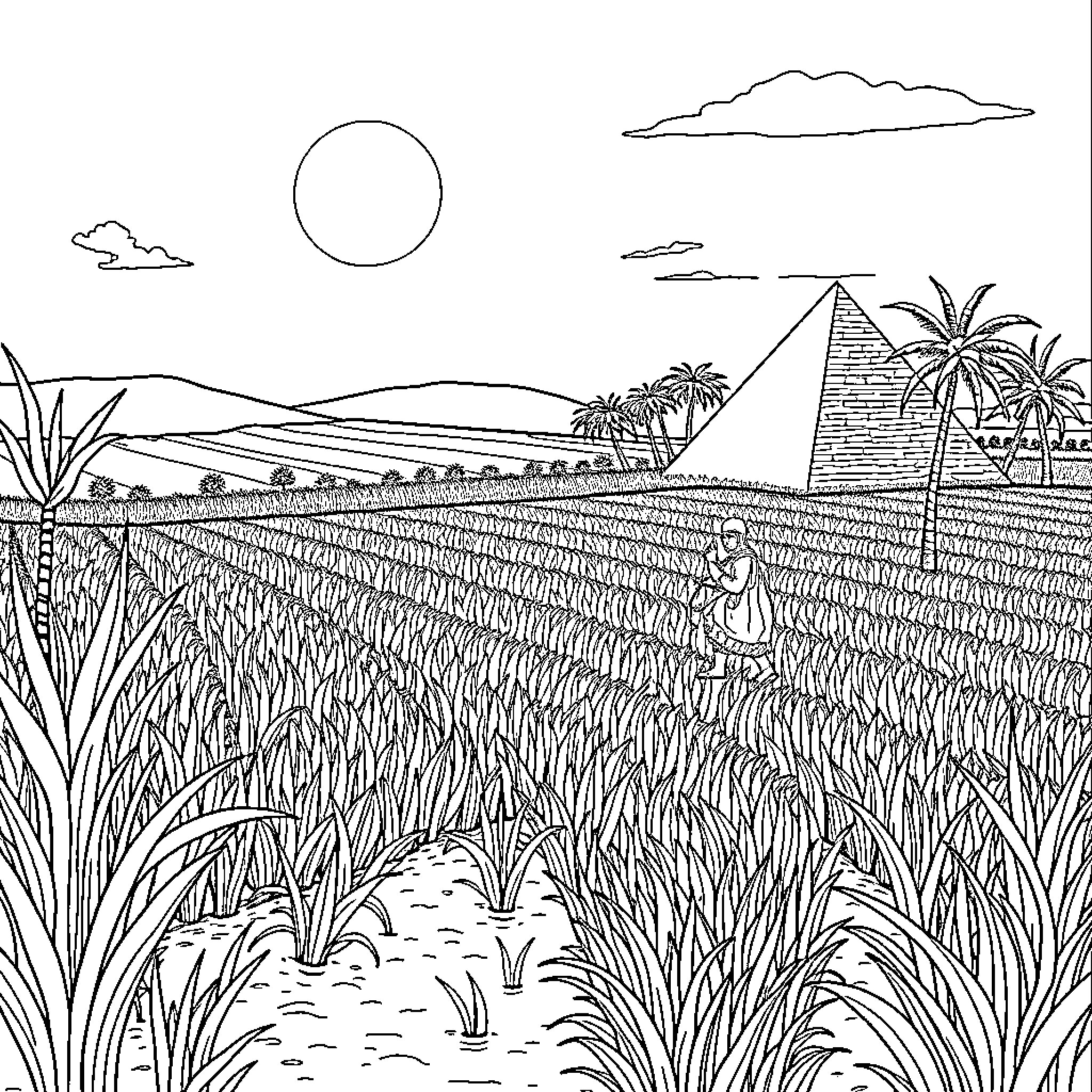 Pharaoh's Serene Desert Landscape Coloring Page (free black-and-white line drawing printable PDF for all, from beginners to advanced learners, including children, teens, adults, and seniors)