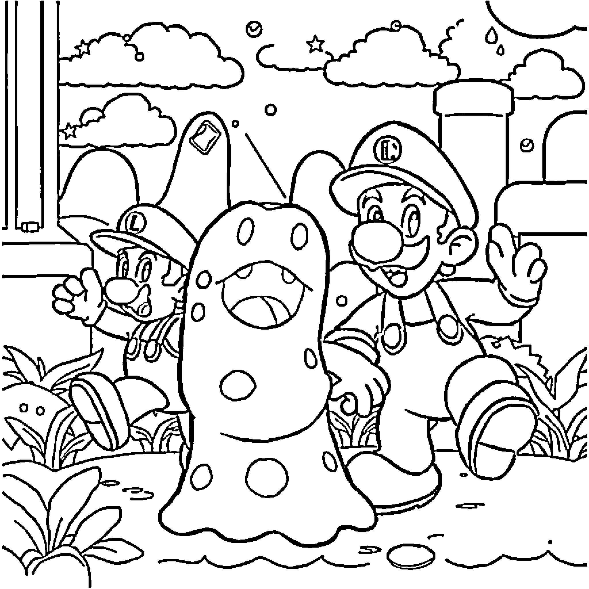 Creeper characters exploring the outdoors Coloring Page (free black-and-white line drawing printable PDF for all, from beginners to advanced learners, including children, teens, adults, and seniors)