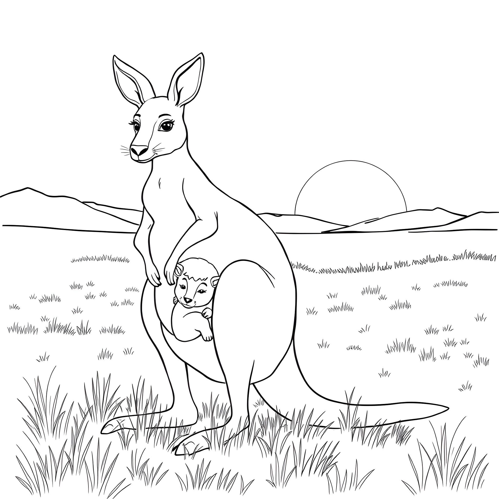 Kangaroo with her baby in the grasslands Coloring Page (free black-and-white line drawing printable PDF for all, from beginners to advanced learners, including children, teens, adults, and seniors)