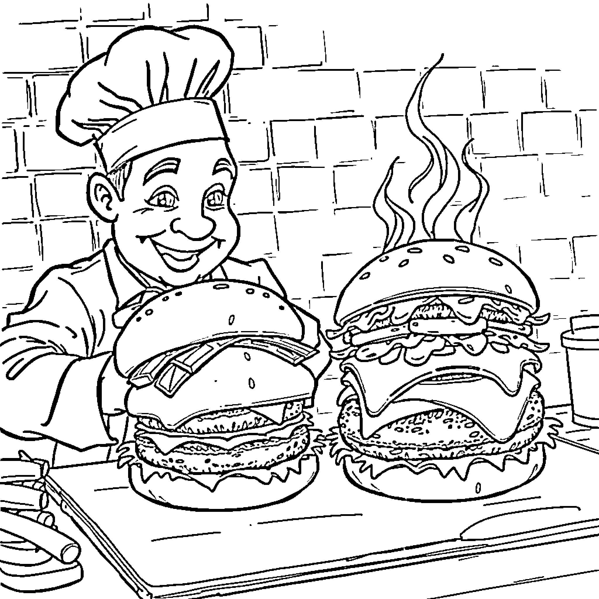Burger Chef Proudly Presenting Tasty Burgers Coloring Page (free black-and-white line drawing printable PDF for all, from beginners to advanced learners, including children, teens, adults, and seniors)