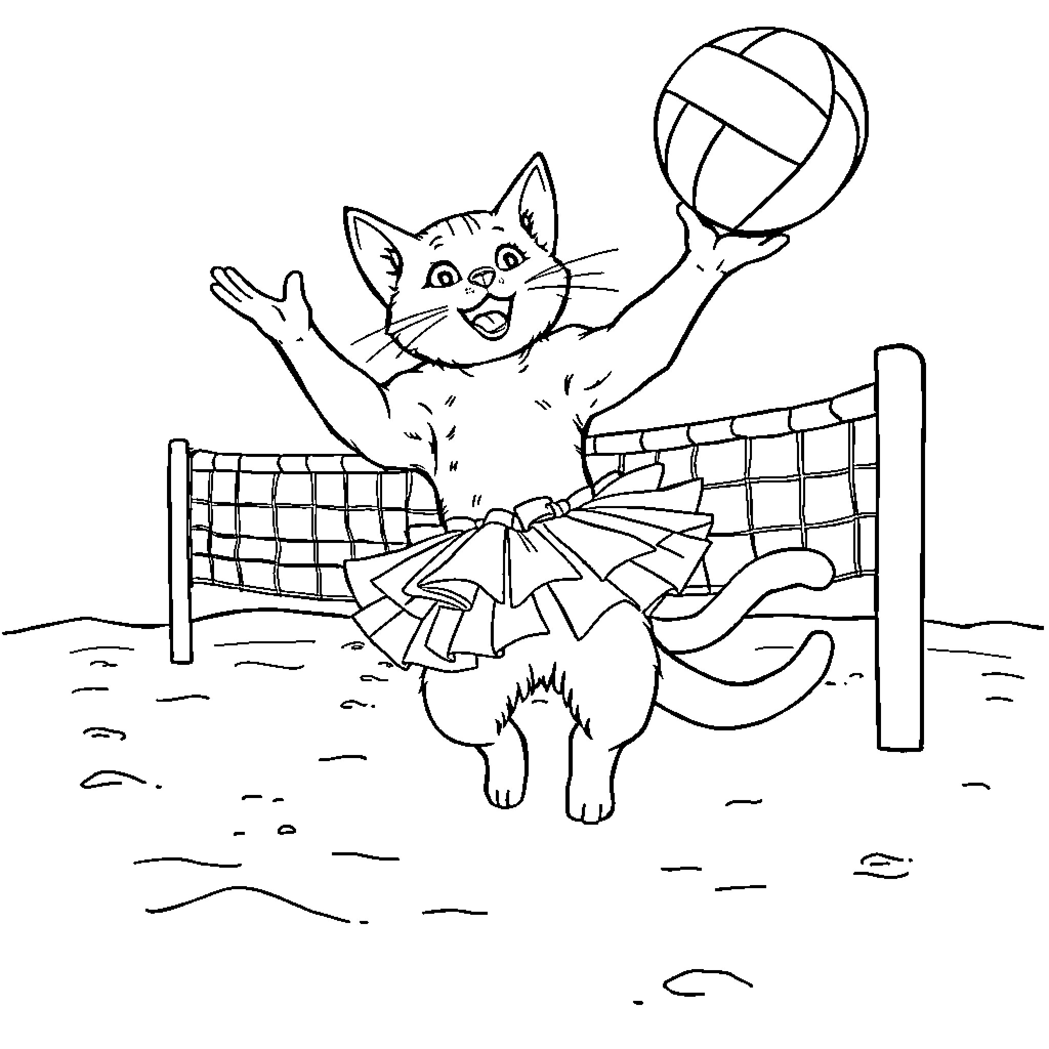 Cat playing volleyball on the beach Coloring Page (free black-and-white line drawing printable PDF for all, from beginners to advanced learners, including children, teens, adults, and seniors)