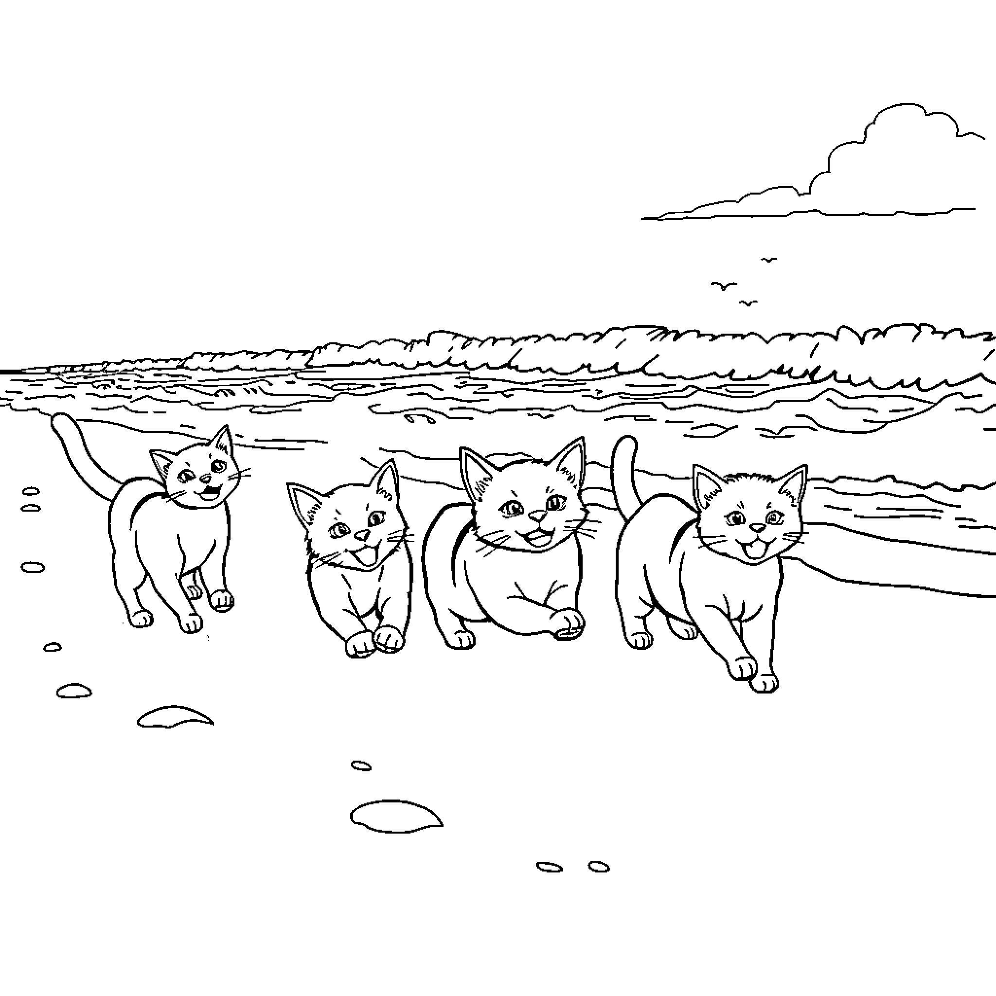 Cat Kittens Exploring Seaside Beach Coloring Page (free black-and-white line drawing printable PDF for all, from beginners to advanced learners, including children, teens, adults, and seniors)