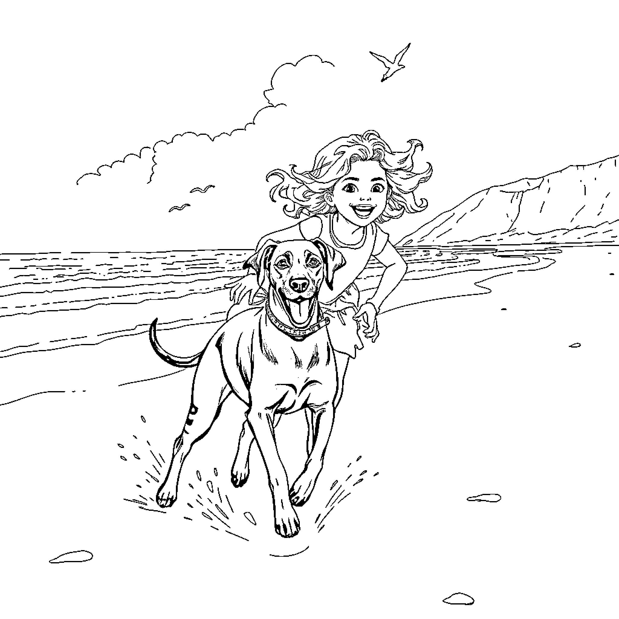 Girl playing happily with her dog on the beach Coloring Page (free black-and-white line drawing printable PDF for all, from beginners to advanced learners, including children, teens, adults, and seniors)