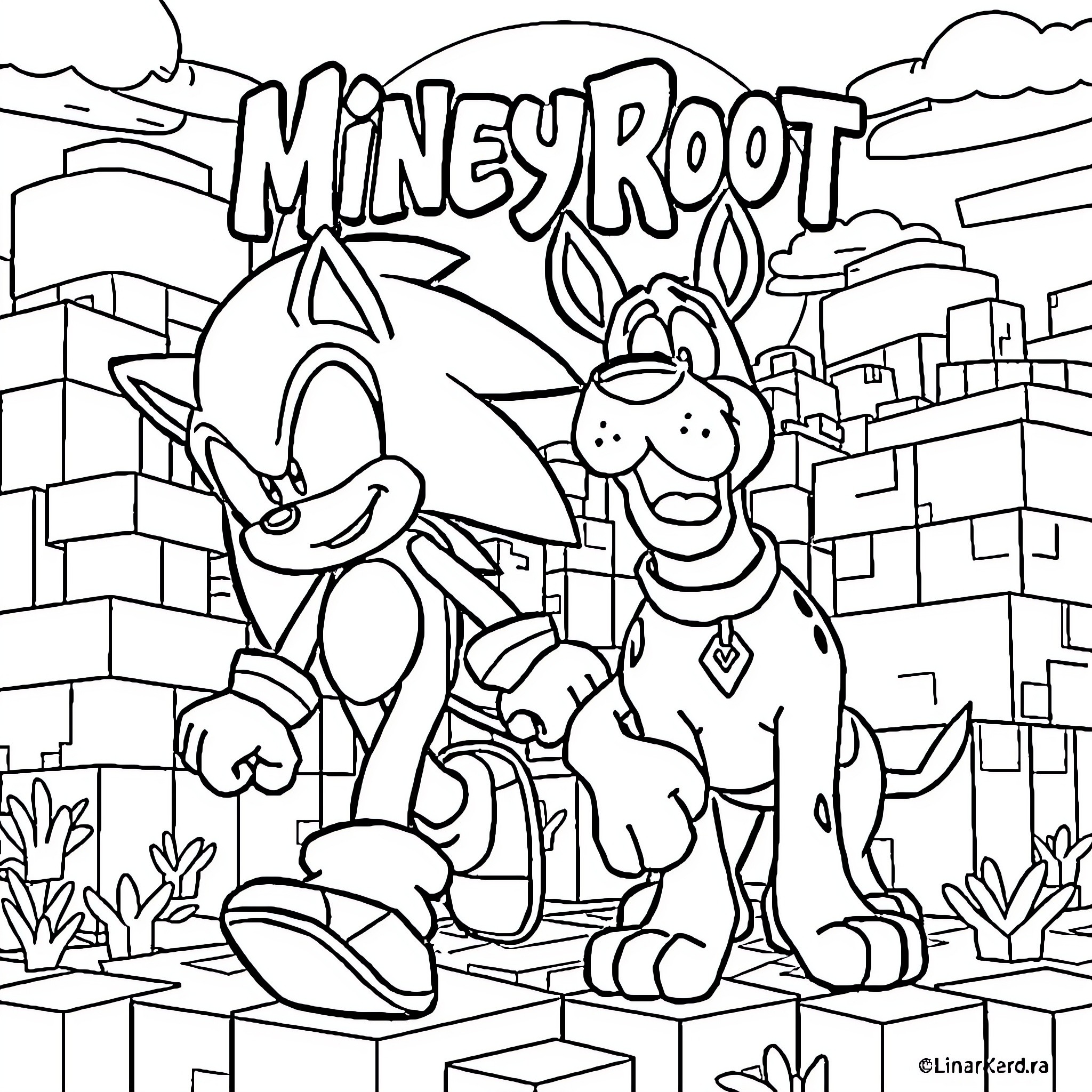 Sonic and Knuckles exploring Miney root Coloring Page (free black-and-white line drawing printable PDF for all, from beginners to advanced learners, including children, teens, adults, and seniors)