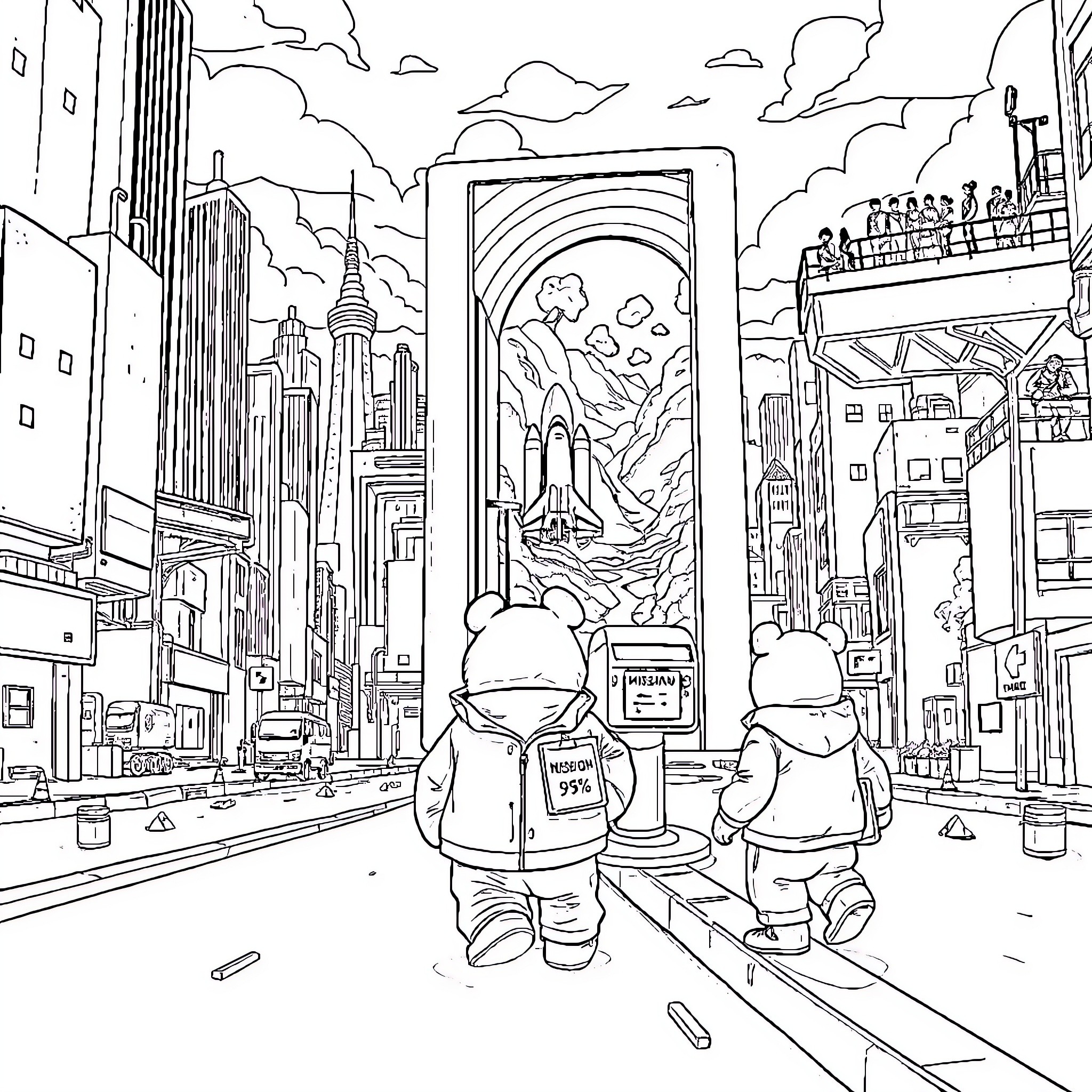 Bear Exploring the Bustling City Skyline Coloring Page (free black-and-white line drawing printable PDF for all, from beginners to advanced learners, including children, teens, adults, and seniors)