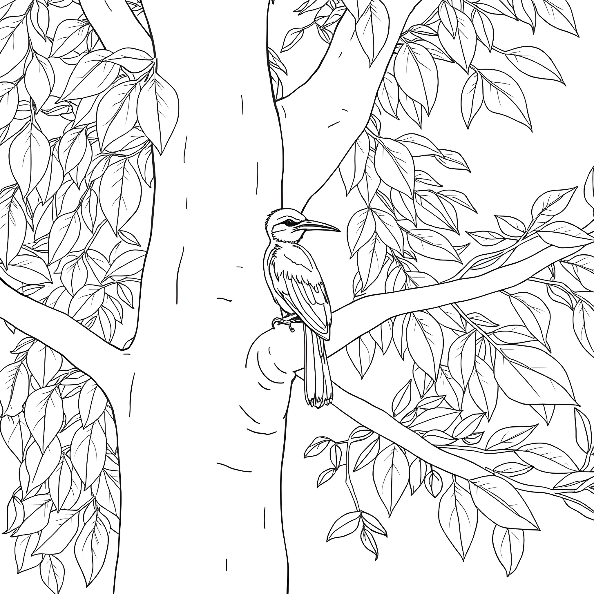 Amandava bird perched on a tree branch Coloring Page (free black-and-white line drawing printable PDF for all, from beginners to advanced learners, including children, teens, adults, and seniors)