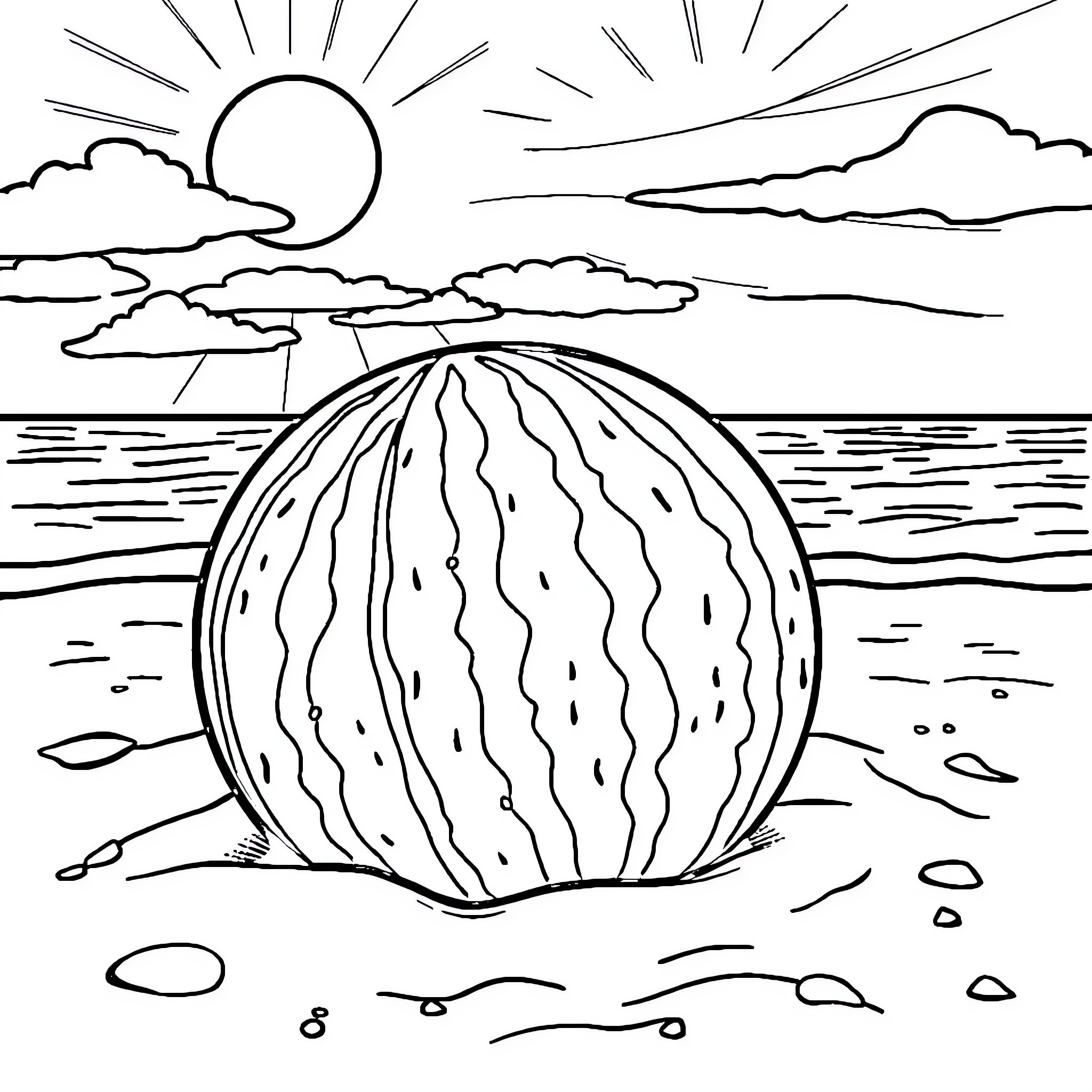 Watermelon on the beach under a sunny sky Coloring Page (free black-and-white line drawing printable PDF for all, from beginners to advanced learners, including children, teens, adults, and seniors)