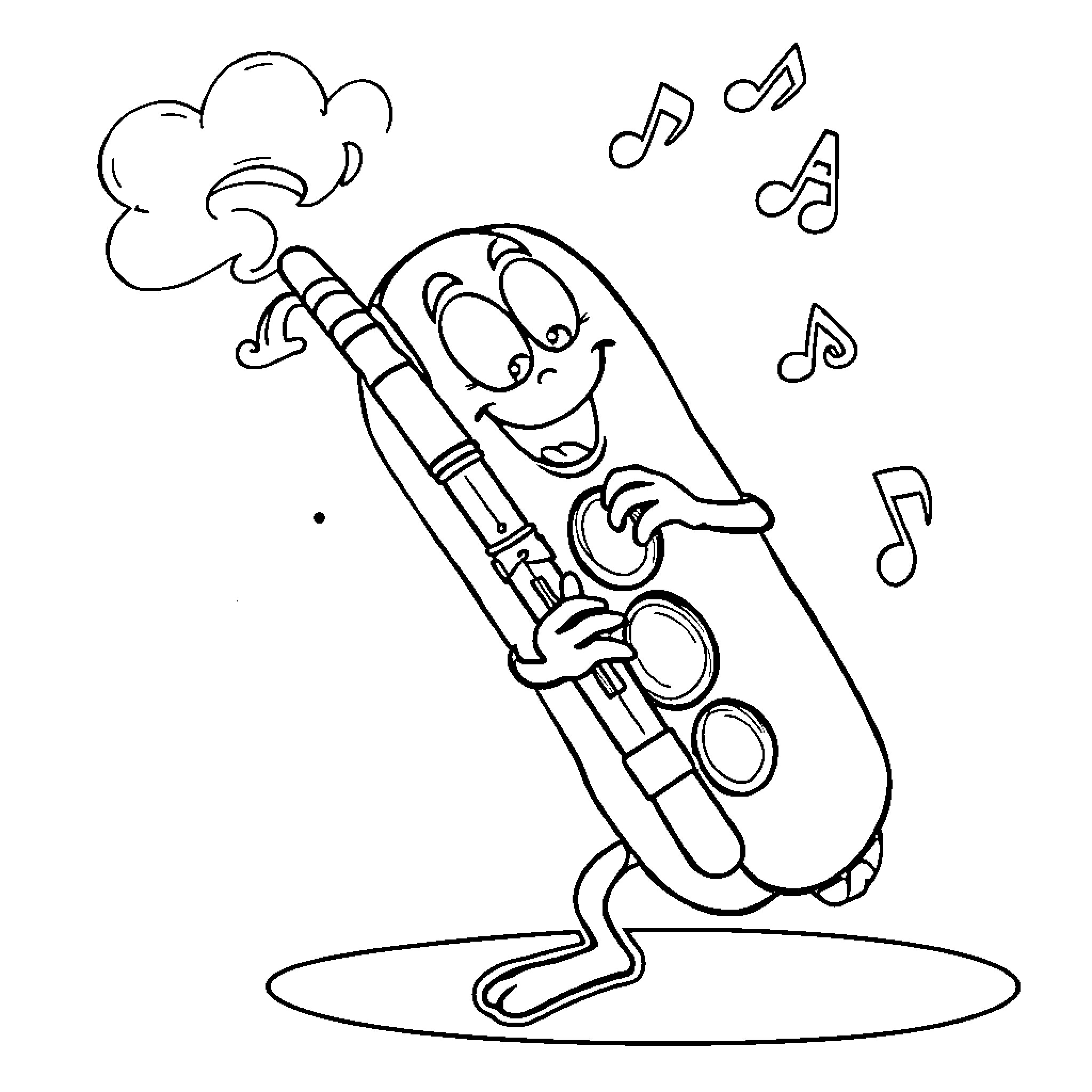 Bass Clarinet playing cheerfully with musical notes Coloring Page (free black-and-white line drawing printable PDF for all, from beginners to advanced learners, including children, teens, adults, and seniors)