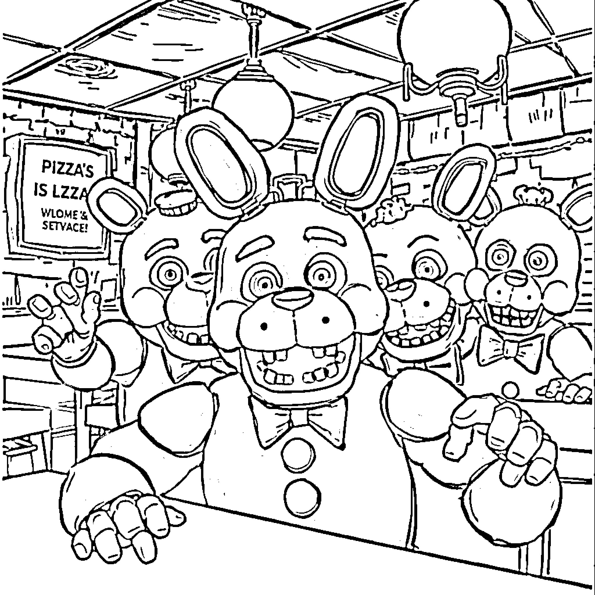 Five Nights At Freddy's Animatronics in a Pizzeria Coloring Page (free black-and-white line drawing printable PDF for all, from beginners to advanced learners, including children, teens, adults, and seniors)