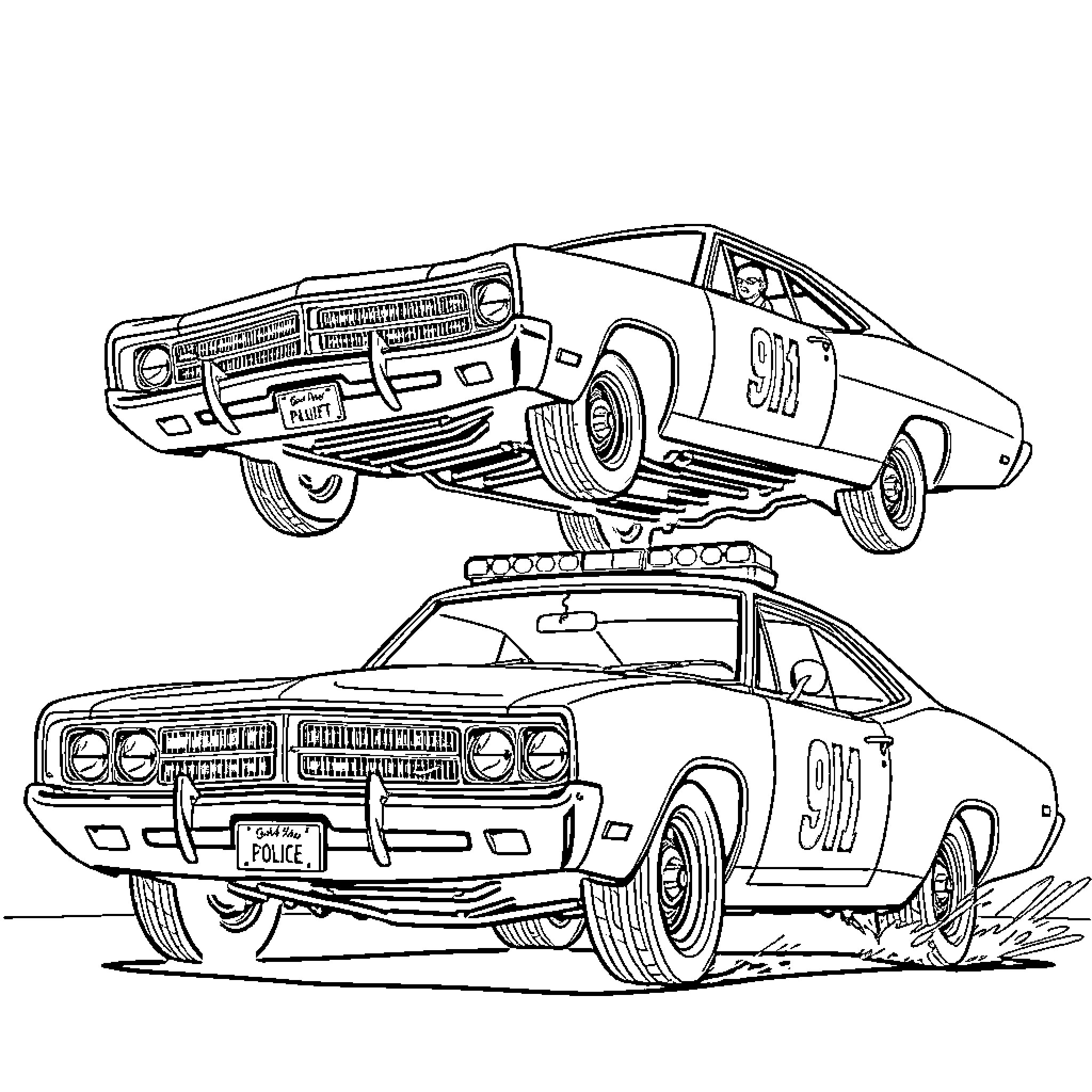 Car police chasing high-speed vehicle Coloring Page (free black-and-white line drawing printable PDF for all, from beginners to advanced learners, including children, teens, adults, and seniors)
