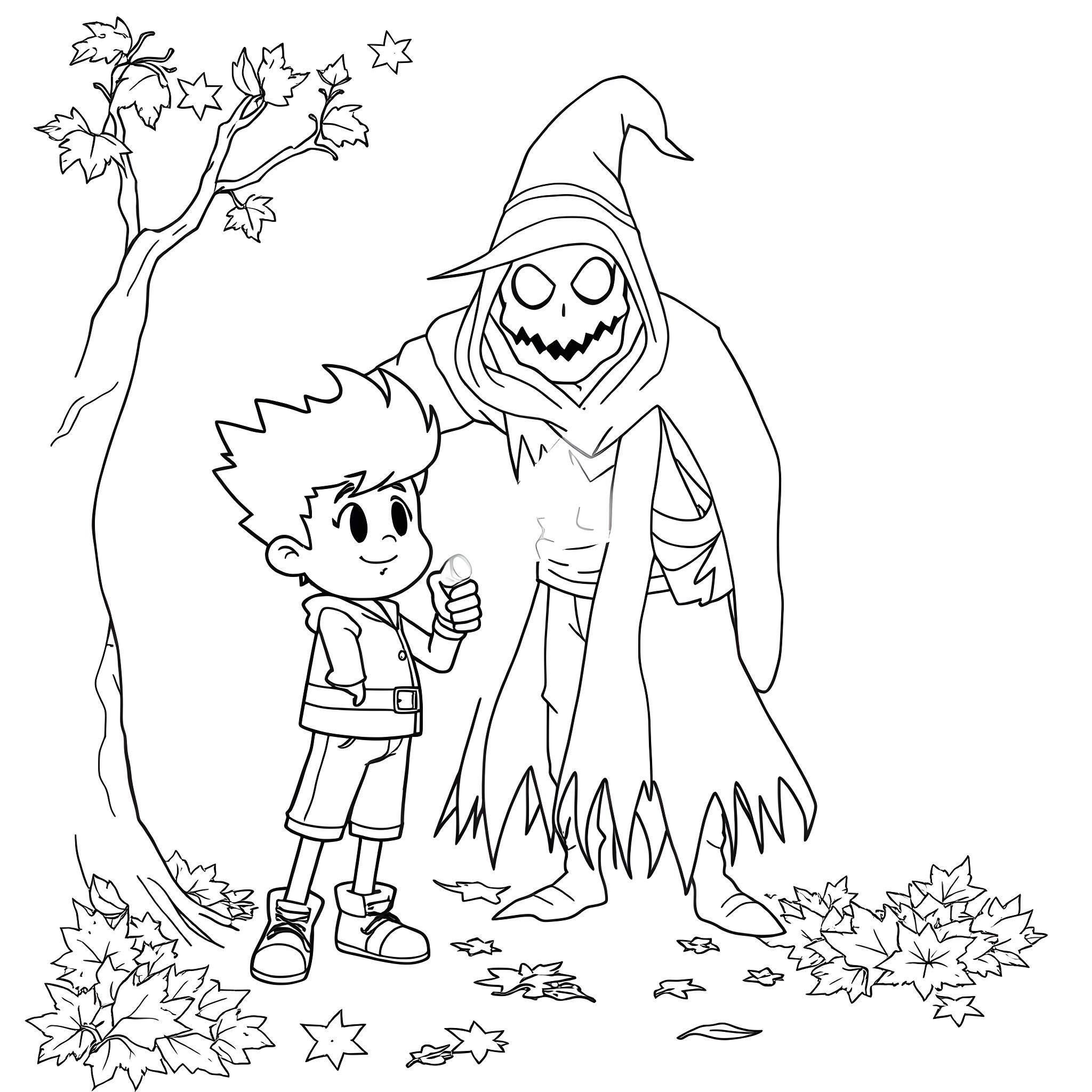 Dipper Pines encounters a spooky figure in the woods Coloring Page (free black-and-white line drawing printable PDF for all, from beginners to advanced learners, including children, teens, adults, and seniors)