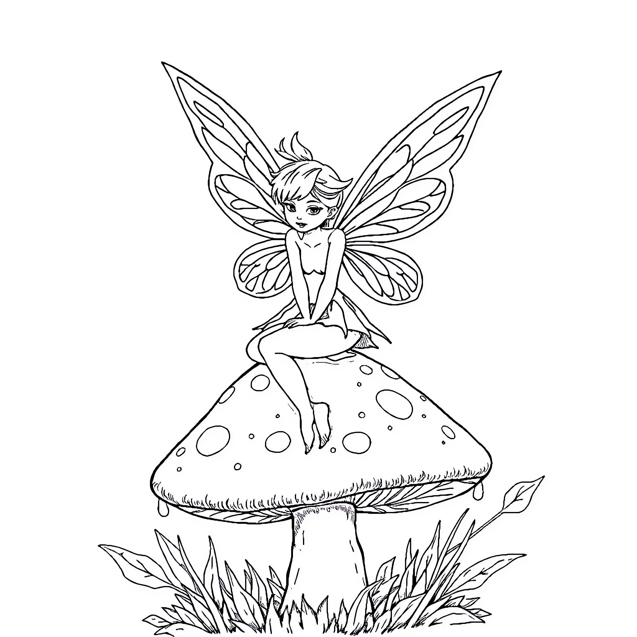 Fairy sitting on a mushroom in the forest Coloring Page (free black-and-white line drawing printable PDF for all, from beginners to advanced learners, including children, teens, adults, and seniors)
