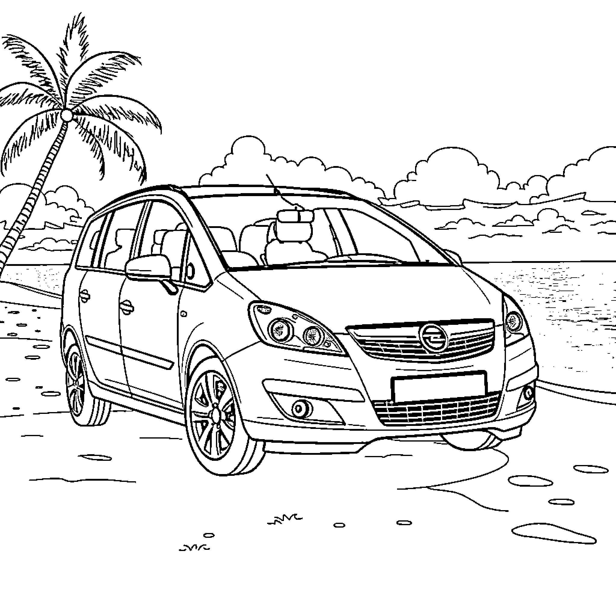 Opel Zafira on a tropical beach Coloring Page (free black-and-white line drawing printable PDF for all, from beginners to advanced learners, including children, teens, adults, and seniors)