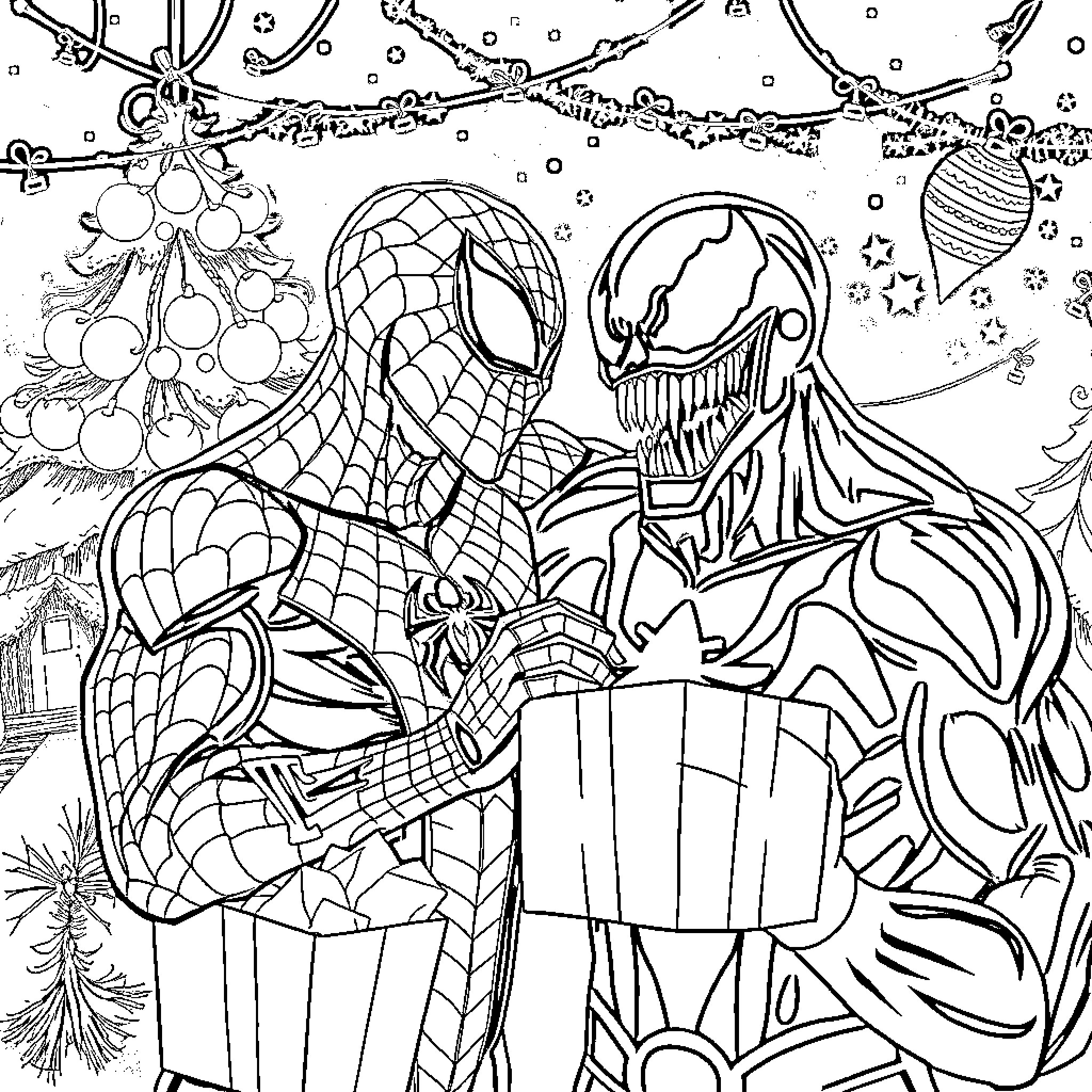 Spiderman confronting Venom in a snowy scene Coloring Page (free black-and-white line drawing printable PDF for all, from beginners to advanced learners, including children, teens, adults, and seniors)