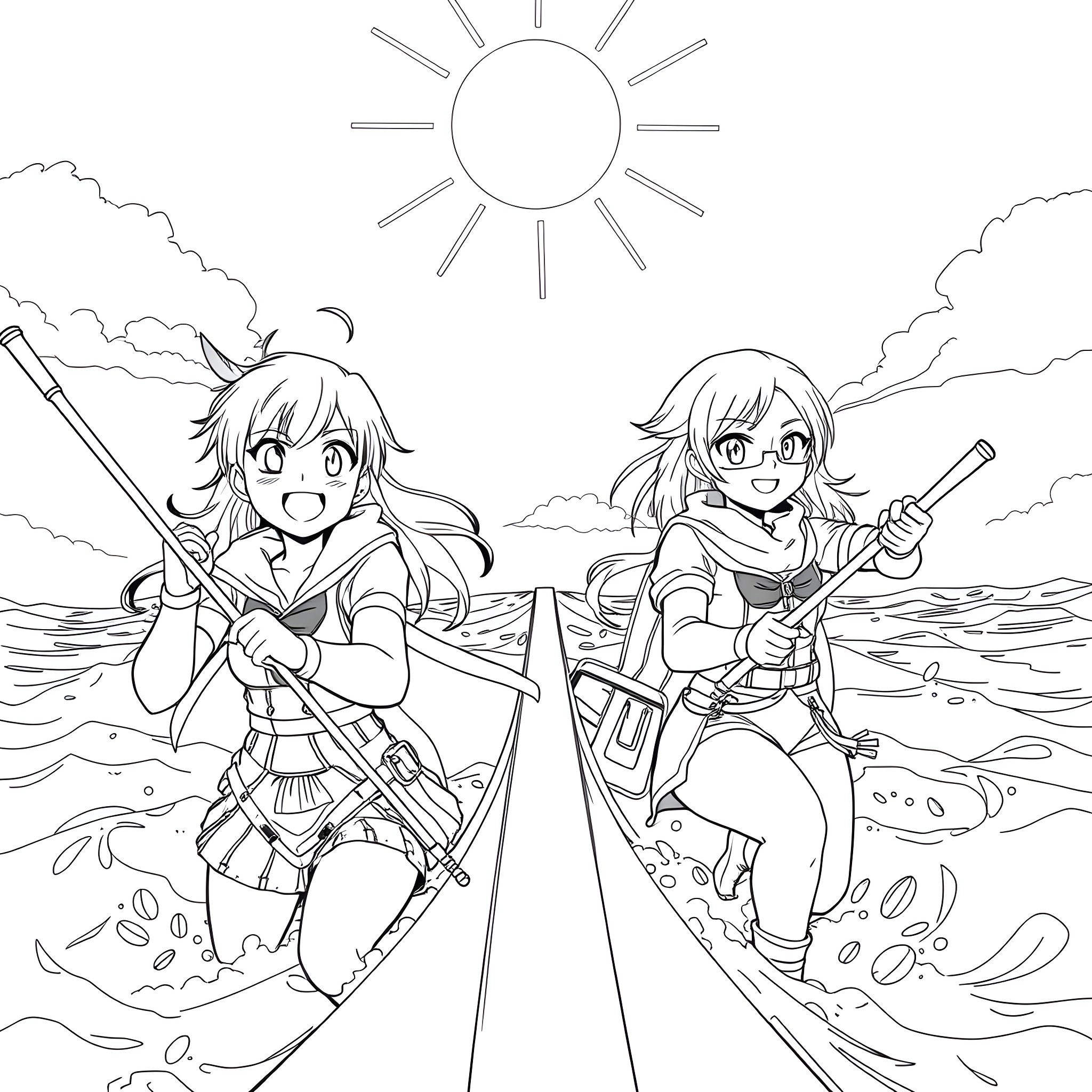 Nami and Friends Exploring the Sunny Shores Coloring Page (free black-and-white line drawing printable PDF for all, from beginners to advanced learners, including children, teens, adults, and seniors)