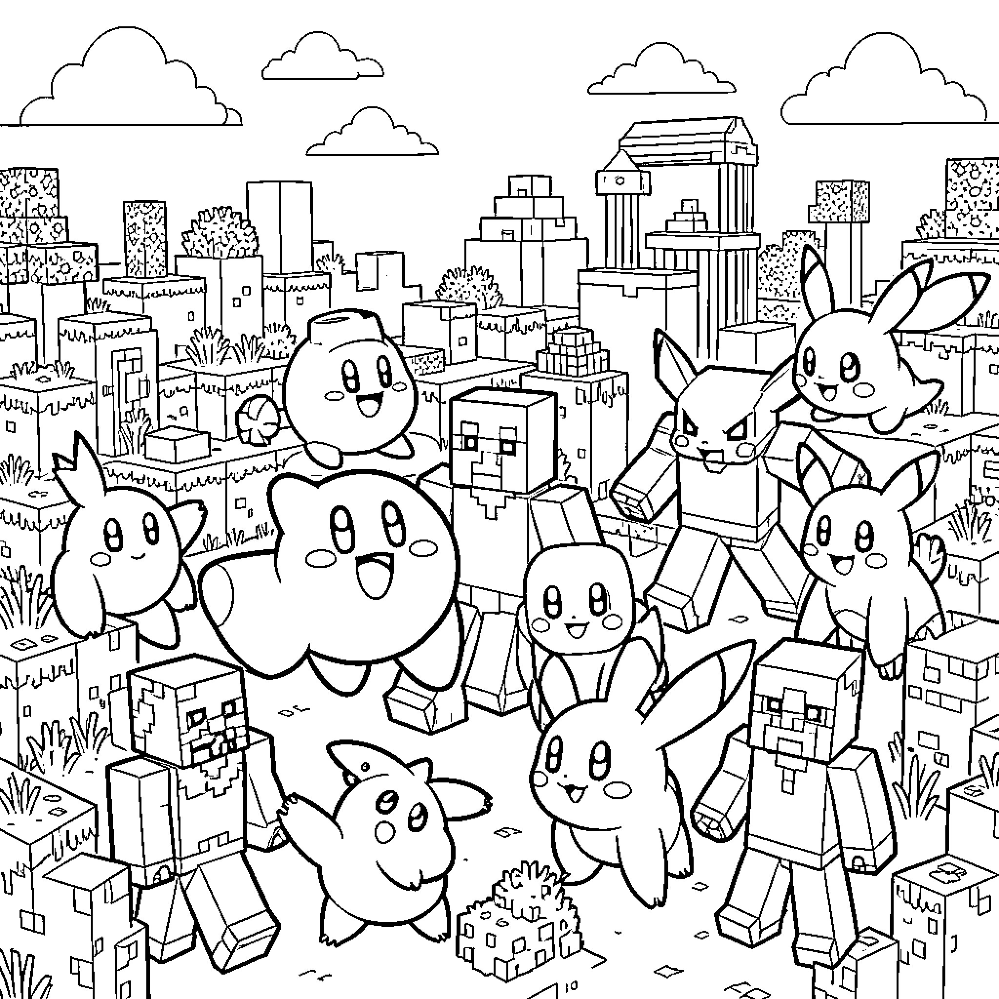 Kirby and friends celebrating together in a blocky world Coloring Page (free black-and-white line drawing printable PDF for all, from beginners to advanced learners, including children, teens, adults, and seniors)