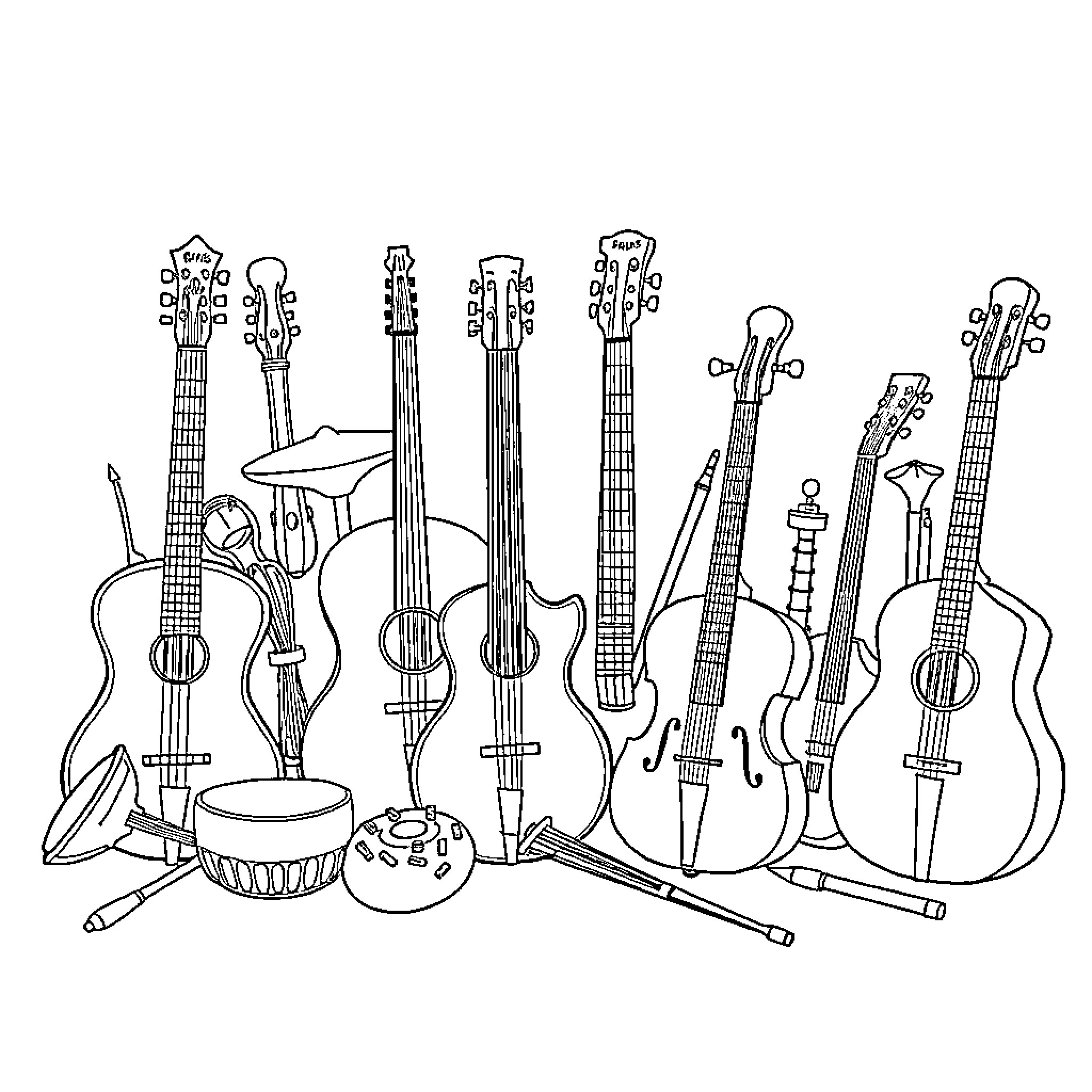 Musical Instrument Collection with Various Shapes and Designs Coloring Page (free black-and-white line drawing printable PDF for all, from beginners to advanced learners, including children, teens, adults, and seniors)