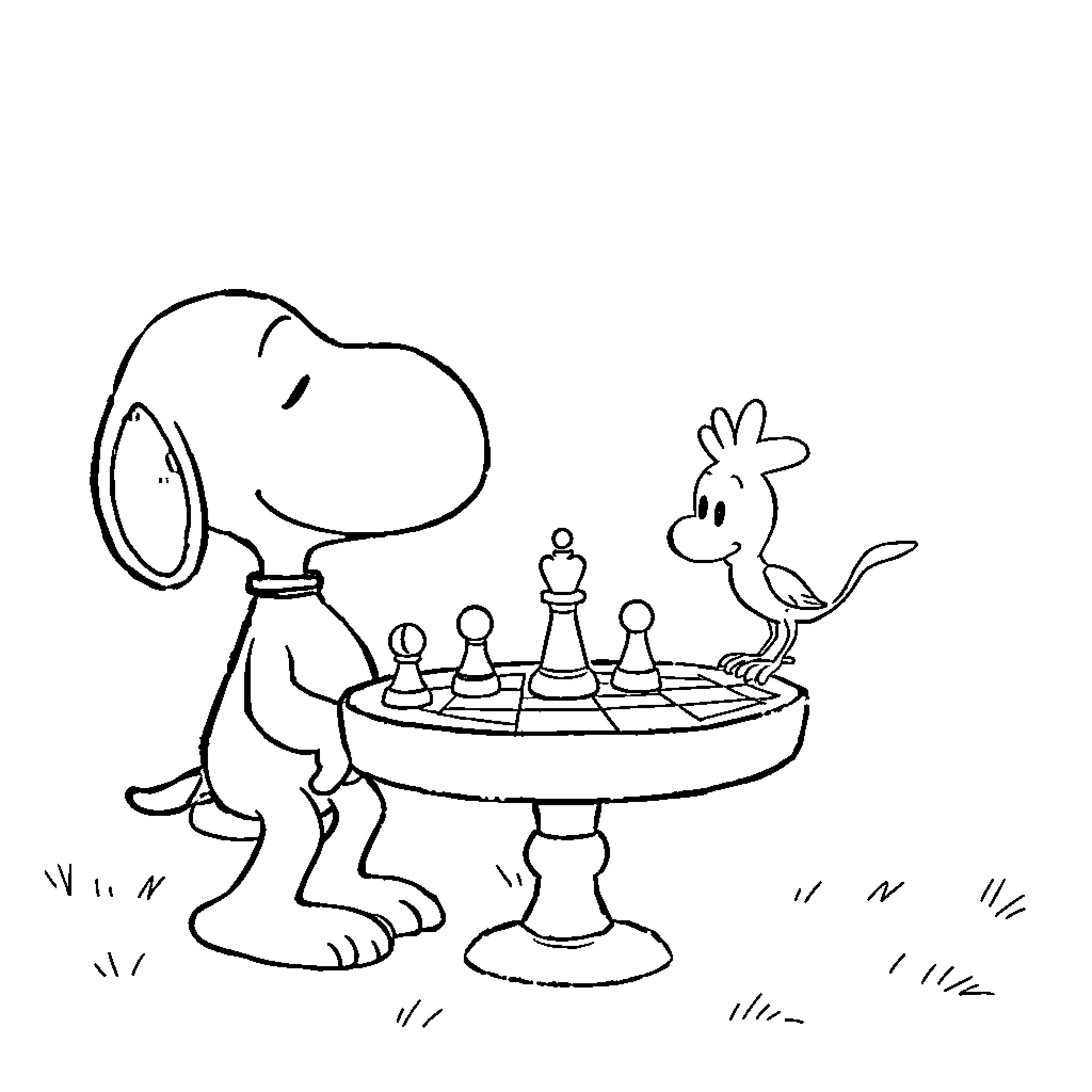 Snoopy and Woodstock playing chess in the park Coloring Page (free black-and-white line drawing printable PDF for all, from beginners to advanced learners, including children, teens, adults, and seniors)
