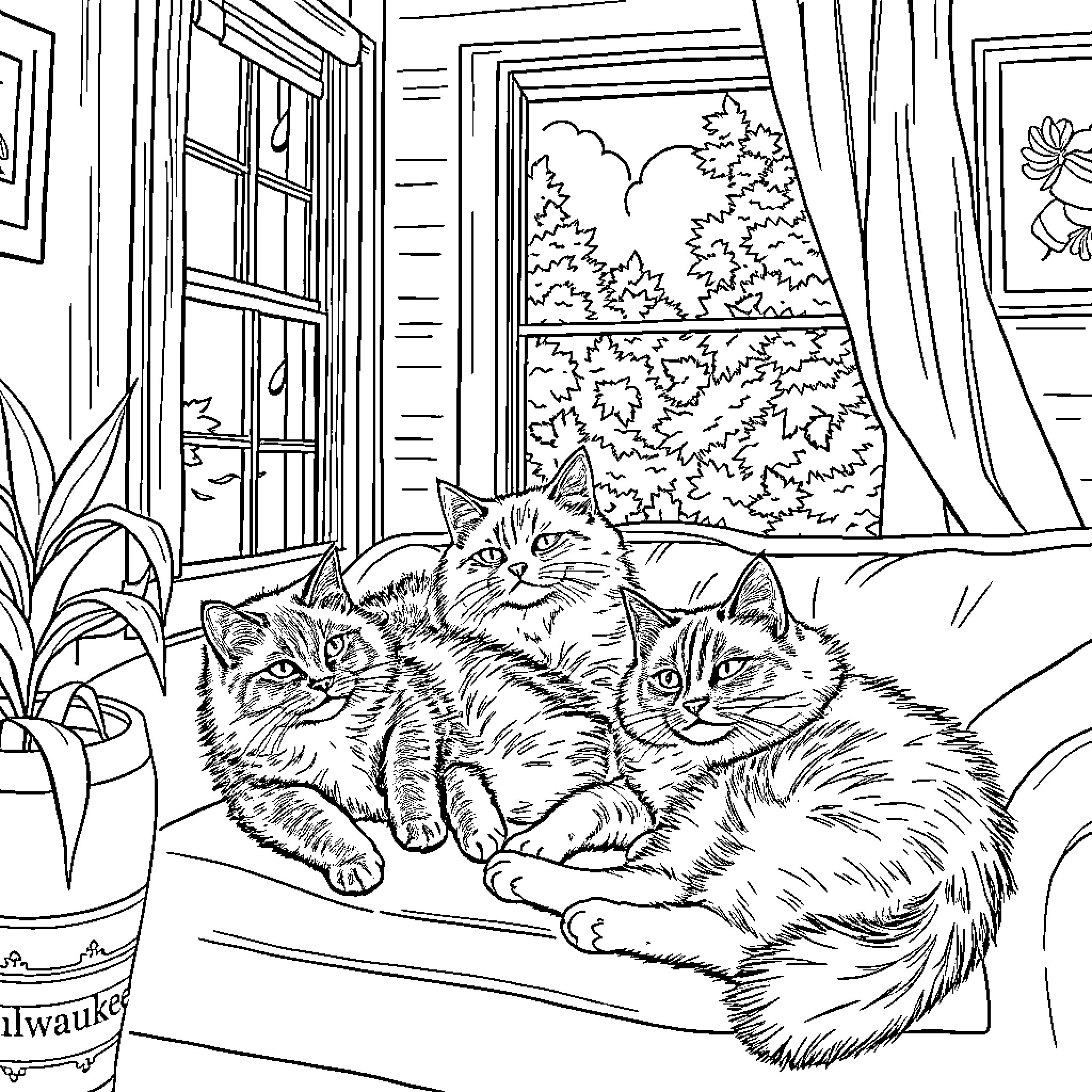 Ragdoll Cats Relaxing on Window Sill Coloring Page (free black-and-white line drawing printable PDF for all, from beginners to advanced learners, including children, teens, adults, and seniors)