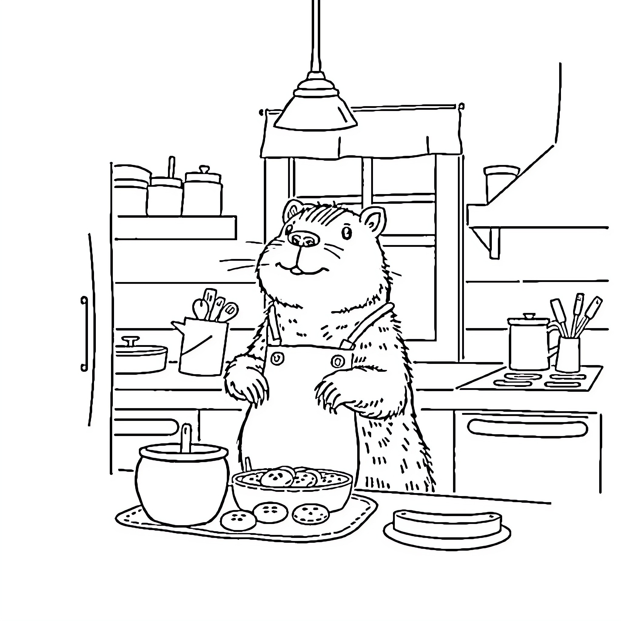 Capybara Enjoying a Meal in the Kitchen Coloring Page (free black-and-white line drawing printable PDF for all, from beginners to advanced learners, including children, teens, adults, and seniors)
