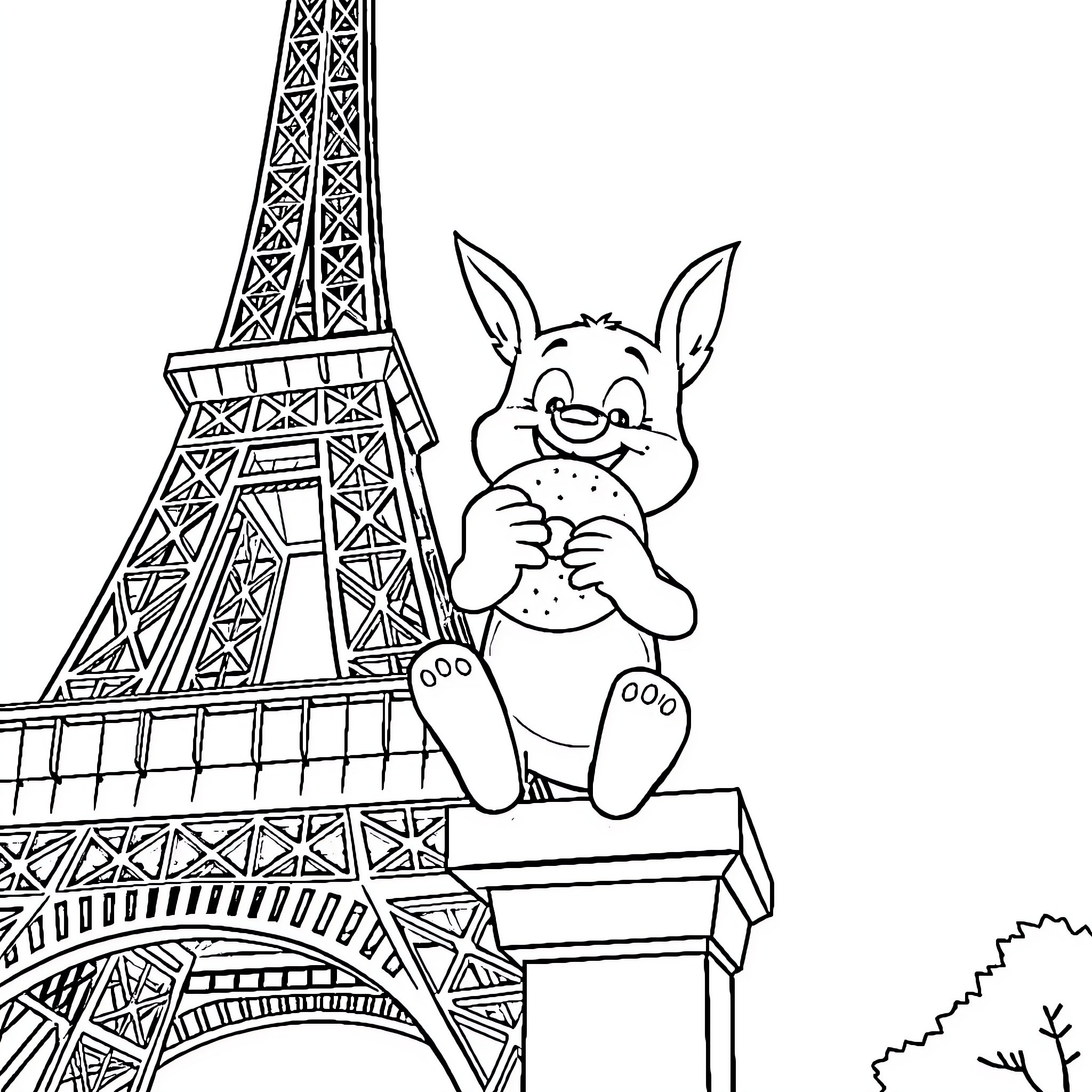 Bluey exploring the Eiffel Tower in Paris Coloring Page (free black-and-white line drawing printable PDF for all, from beginners to advanced learners, including children, teens, adults, and seniors)