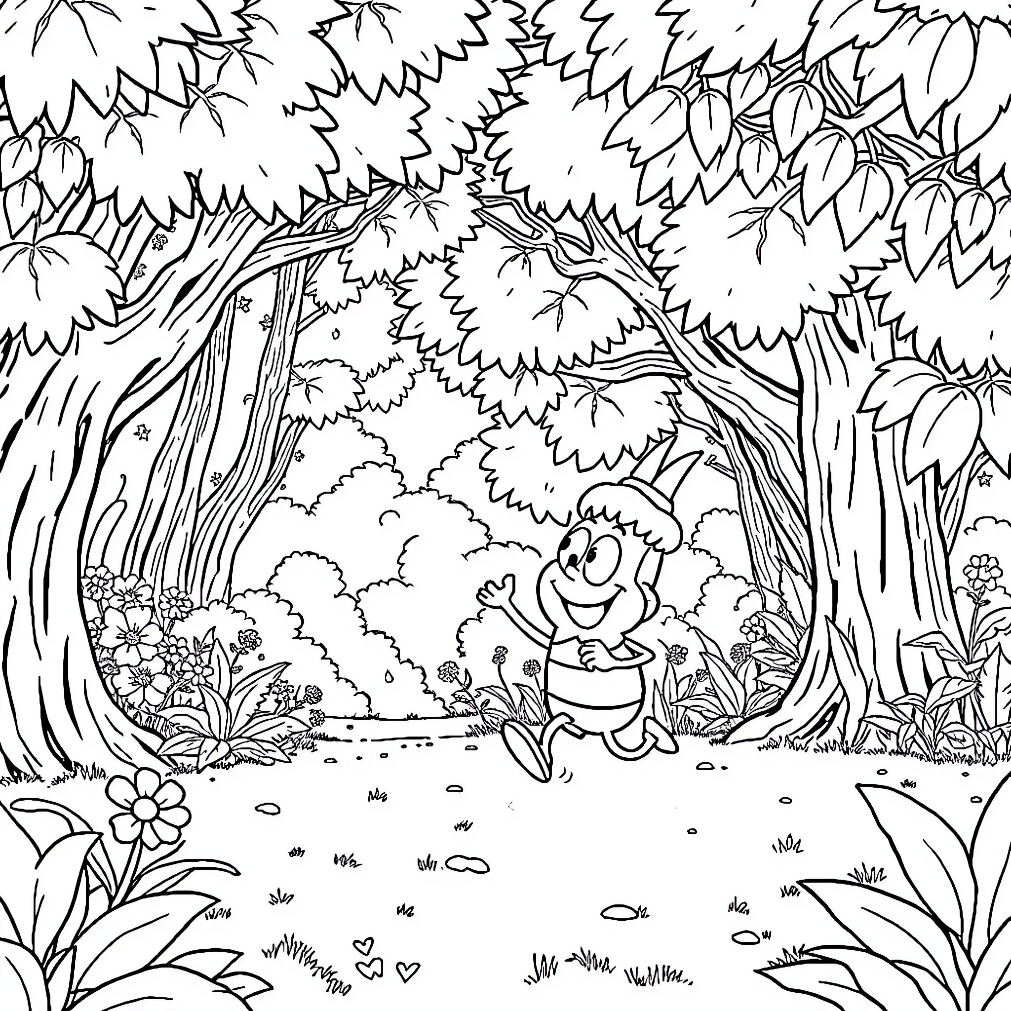 Bob esponja exploring the lush forest Coloring Page (free black-and-white line drawing printable PDF for all, from beginners to advanced learners, including children, teens, adults, and seniors)