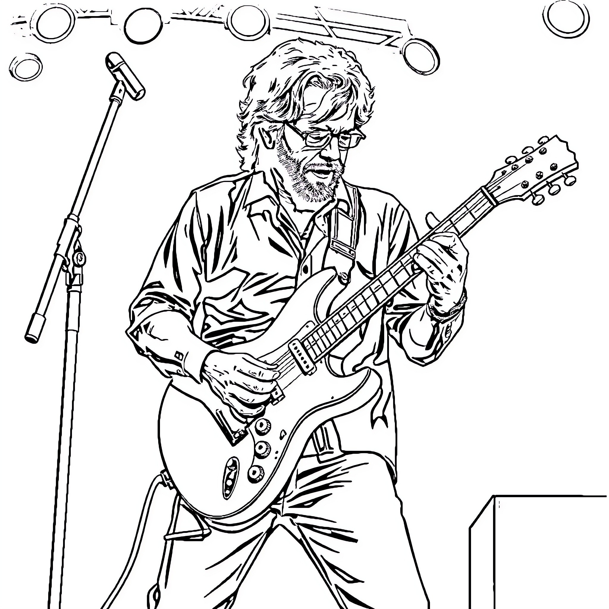 Eric Clapton performing on stage with guitar Coloring Page (free black-and-white line drawing printable PDF for all, from beginners to advanced learners, including children, teens, adults, and seniors)