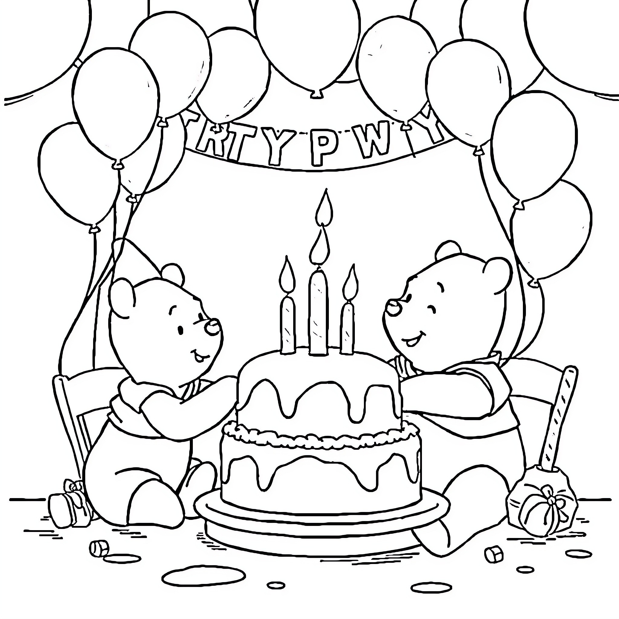 Winnie The Pooh and Friends Celebrate Birthday with Cake and Balloons Coloring Page (free black-and-white line drawing printable PDF for all, from beginners to advanced learners, including children, teens, adults, and seniors)