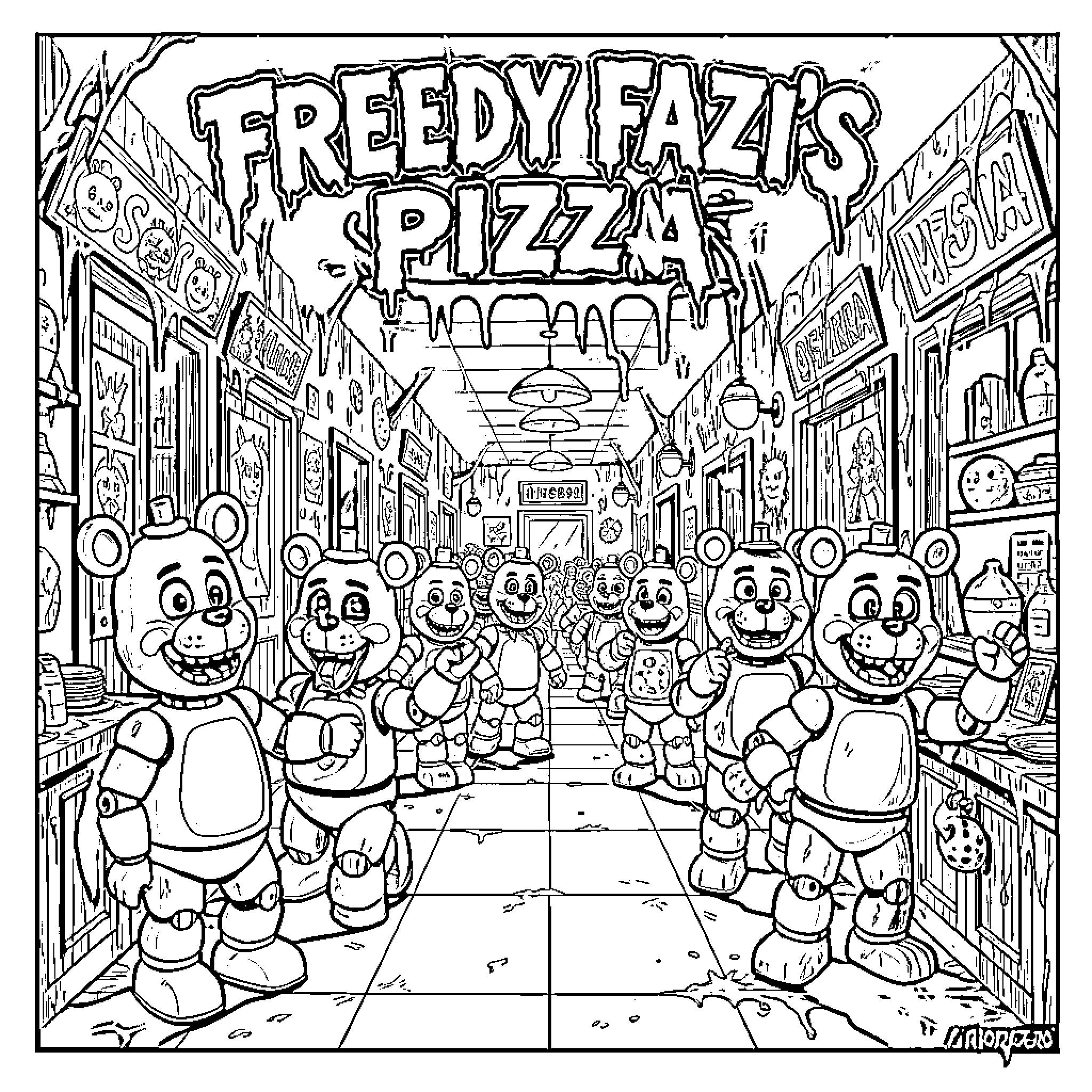 Friday Night at Freddy's characters posing in a pizzeria Coloring Page (free black-and-white line drawing printable PDF for all, from beginners to advanced learners, including children, teens, adults, and seniors)