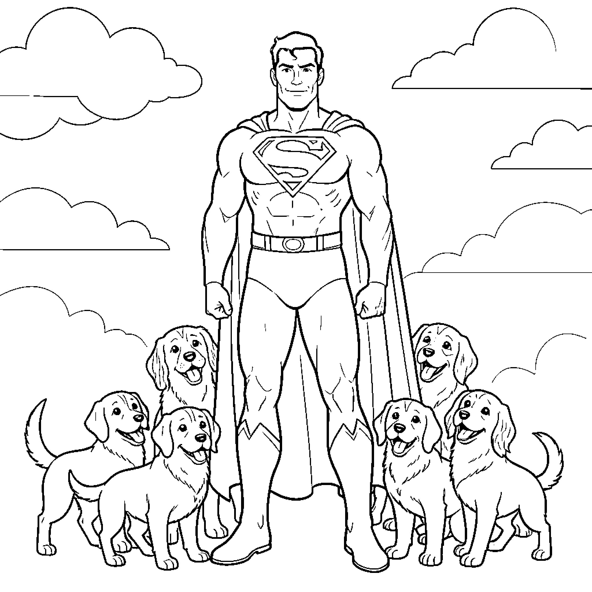 Superman standing heroically surrounded by happy puppies Coloring Page (free black-and-white line drawing printable PDF for all, from beginners to advanced learners, including children, teens, adults, and seniors)