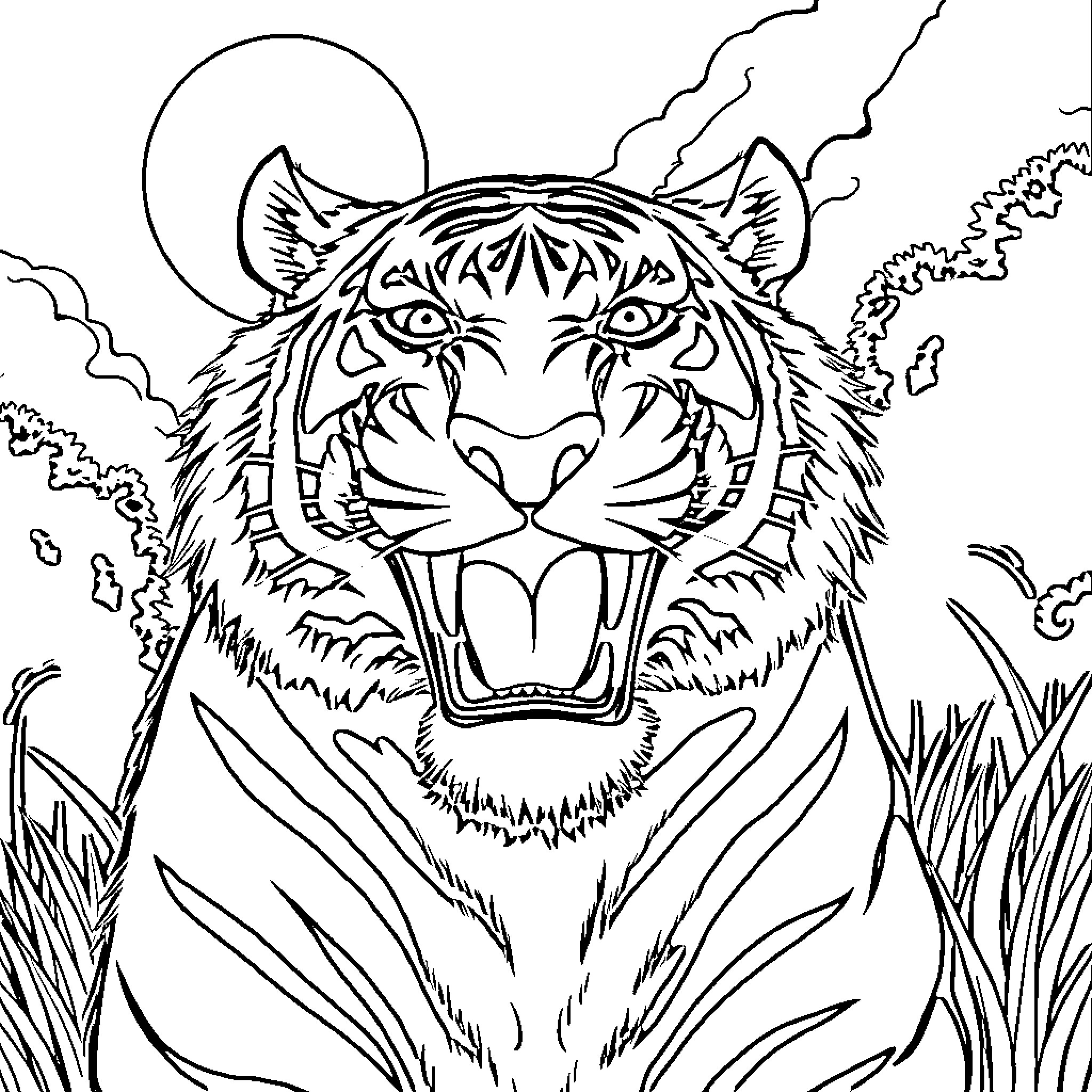 Tiger roaring fiercely in the wilderness Coloring Page (free black-and-white line drawing printable PDF for all, from beginners to advanced learners, including children, teens, adults, and seniors)