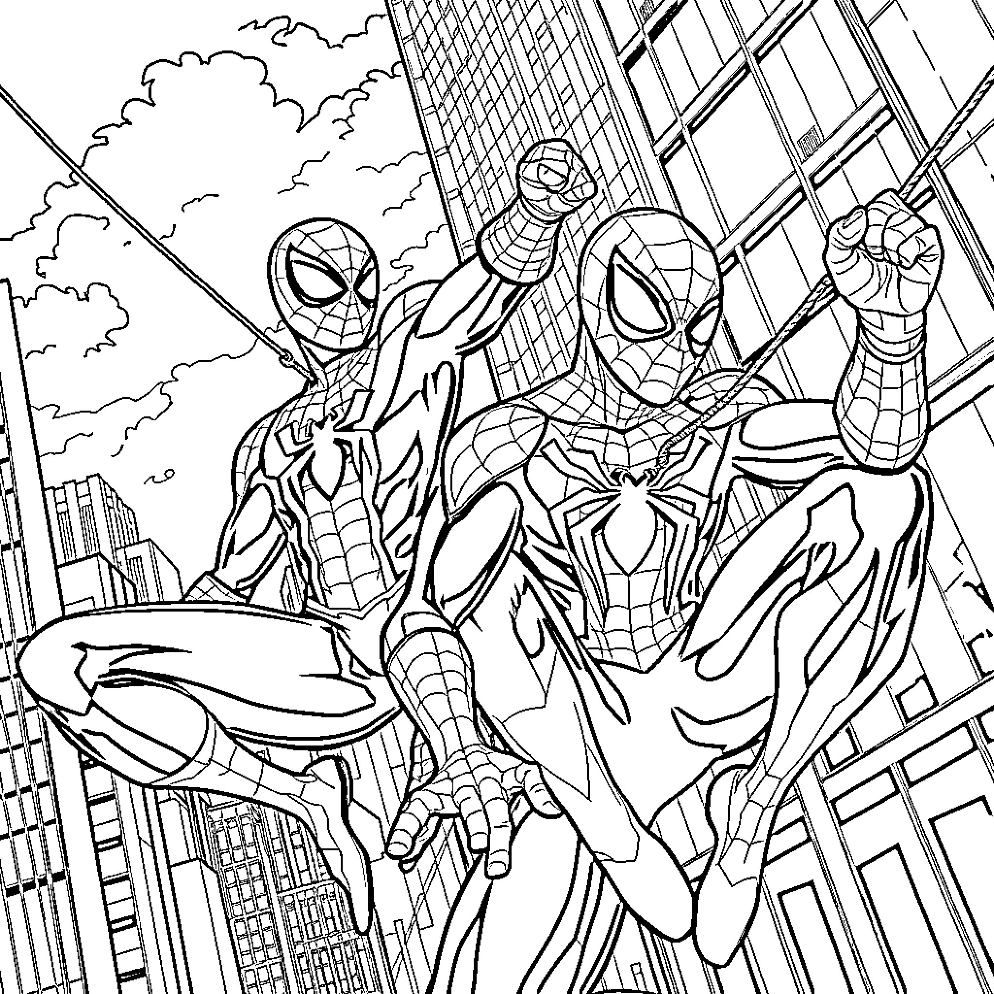 Spiderman heroically swinging through the city skyline Coloring Page (free black-and-white line drawing printable PDF for all, from beginners to advanced learners, including children, teens, adults, and seniors)