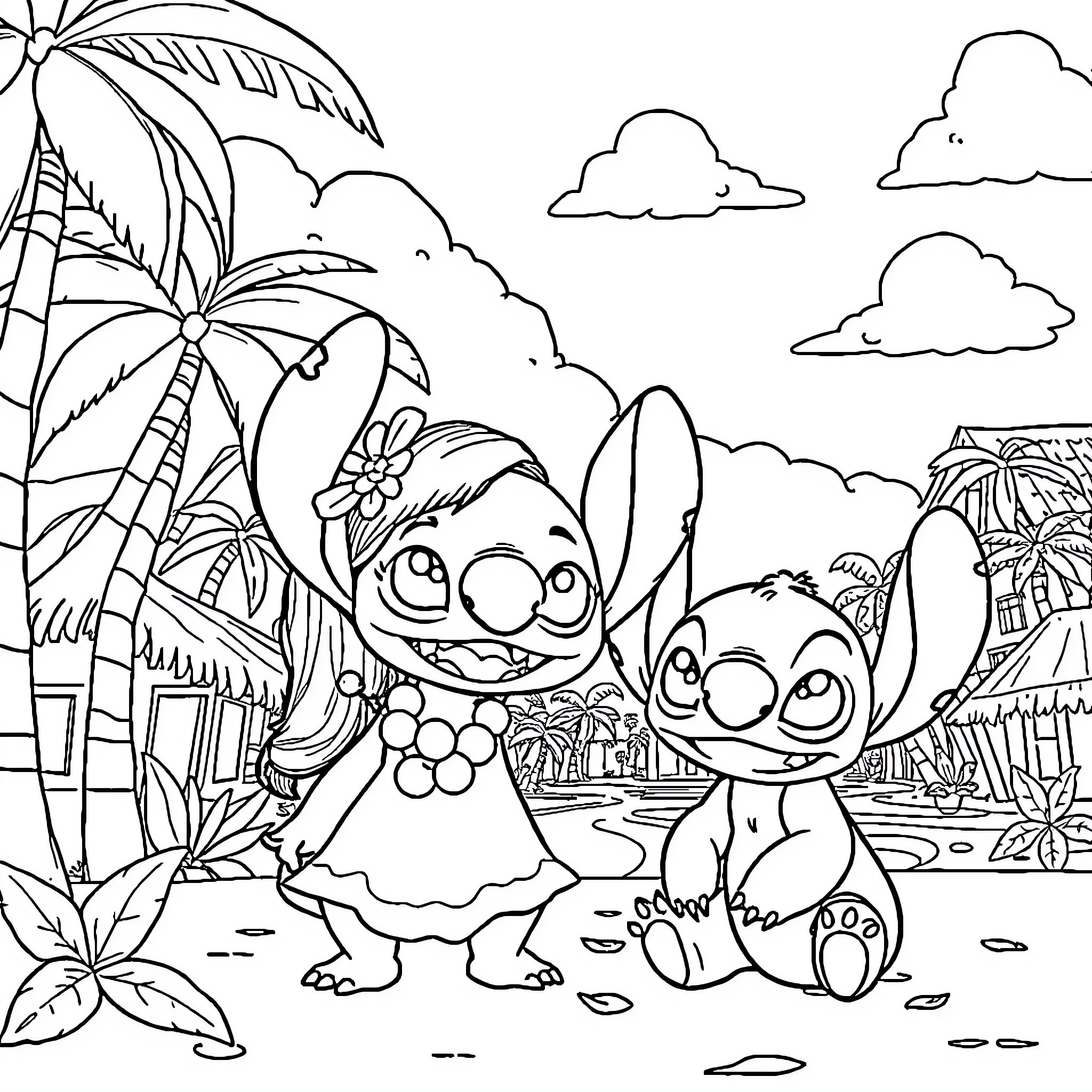 Lilo and Stitch enjoying a tropical paradise Coloring Page (free black-and-white line drawing printable PDF for all, from beginners to advanced learners, including children, teens, adults, and seniors)