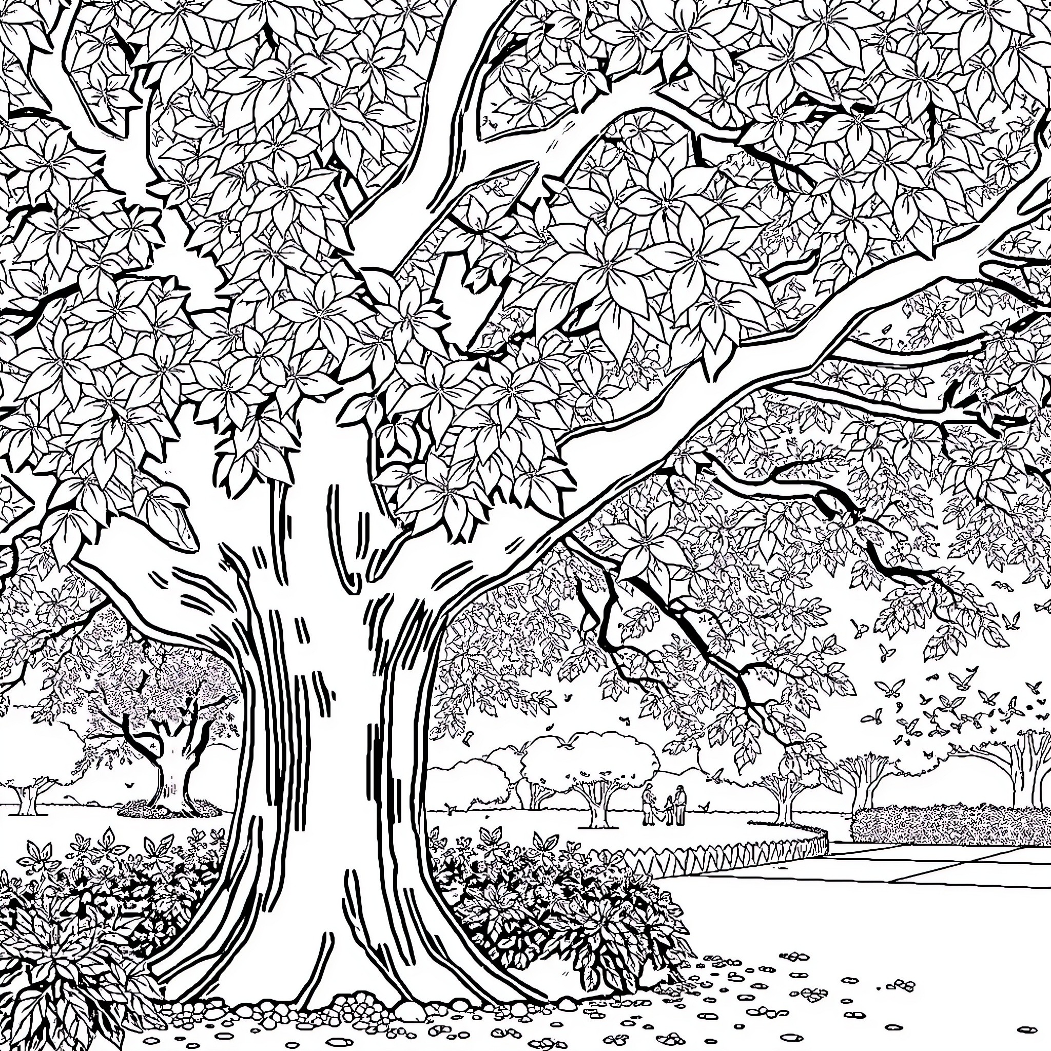 Leaf-covered tree in a peaceful garden scene Coloring Page (free black-and-white line drawing printable PDF for all, from beginners to advanced learners, including children, teens, adults, and seniors)