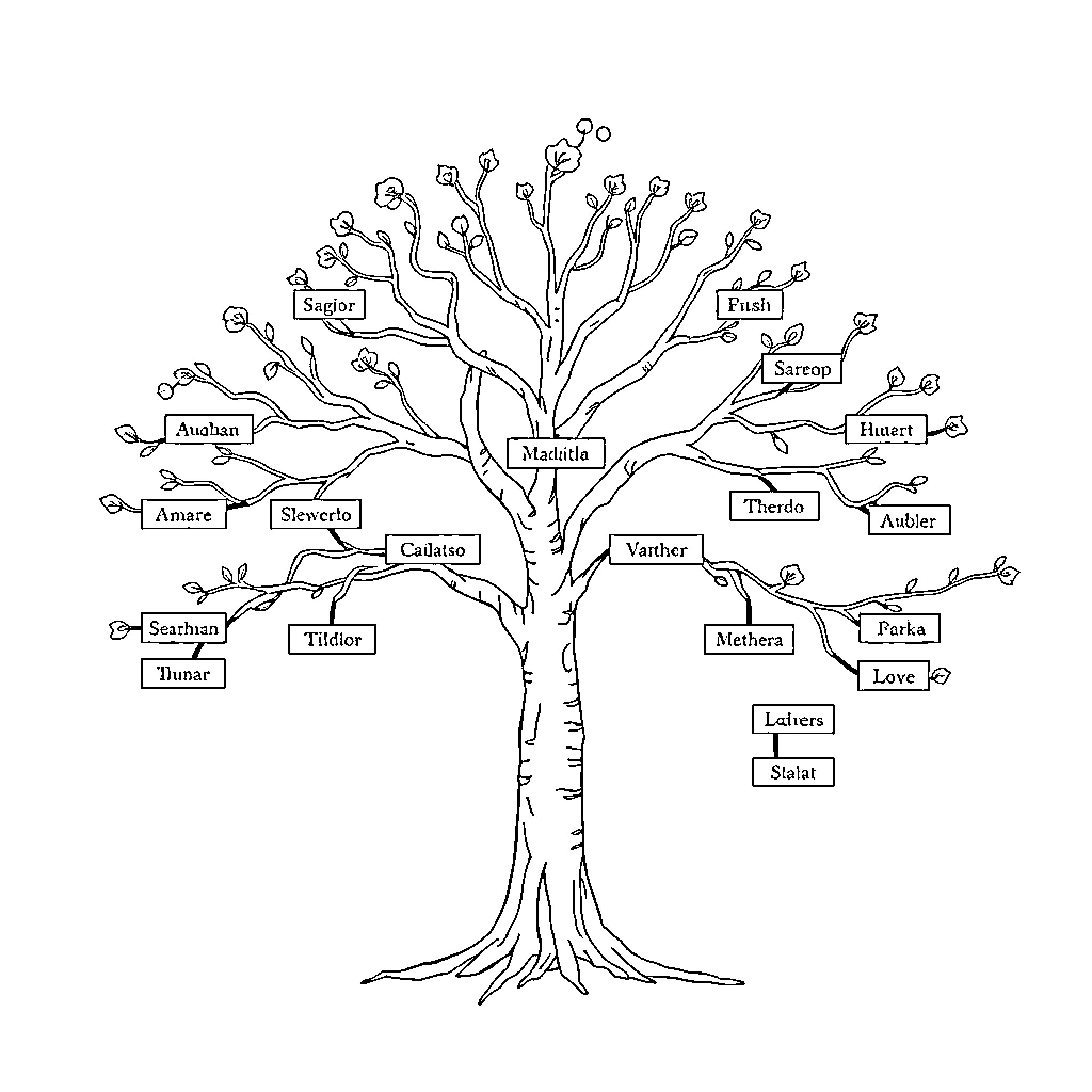 Family Tree of Diverse Relationships and Connections Coloring Page (free black-and-white line drawing printable PDF for all, from beginners to advanced learners, including children, teens, adults, and seniors)