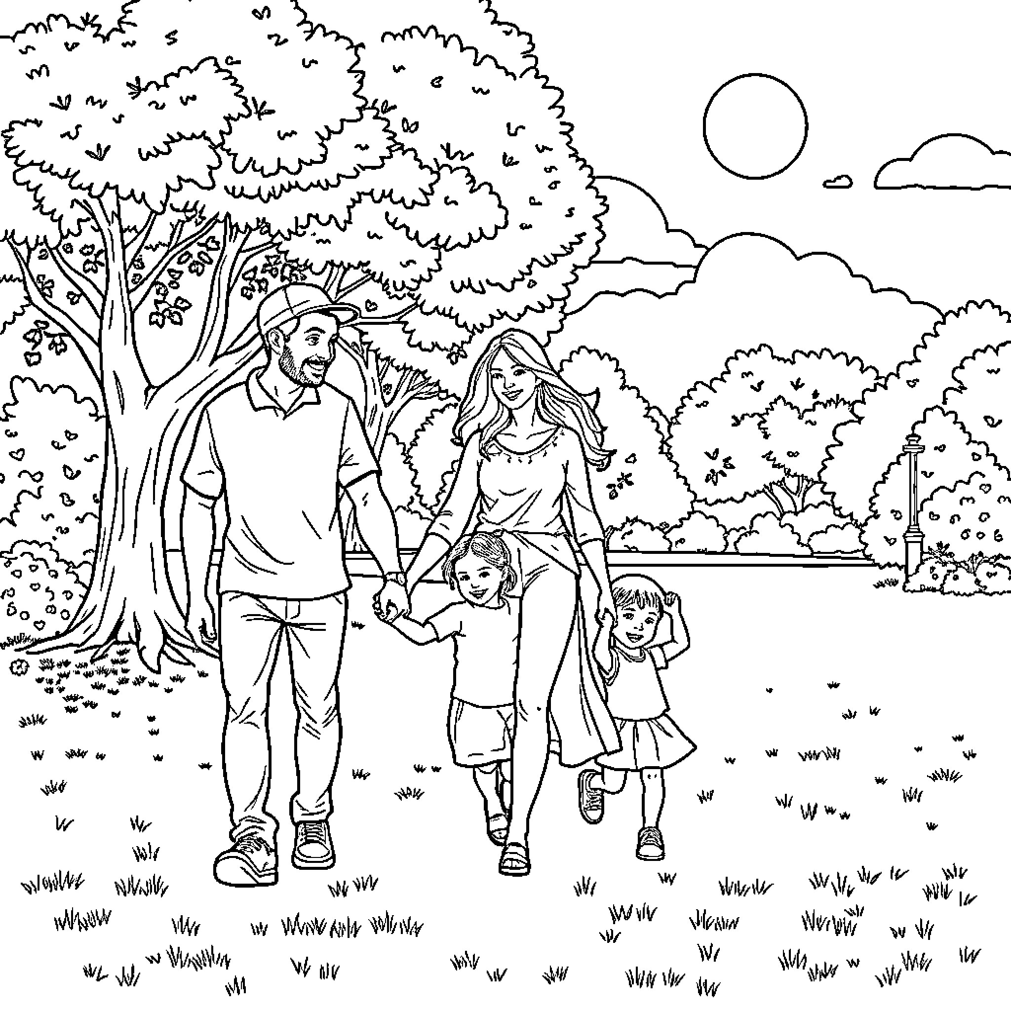 Family Enjoying a Peaceful Outdoor Stroll Coloring Page (free black-and-white line drawing printable PDF for all, from beginners to advanced learners, including children, teens, adults, and seniors)