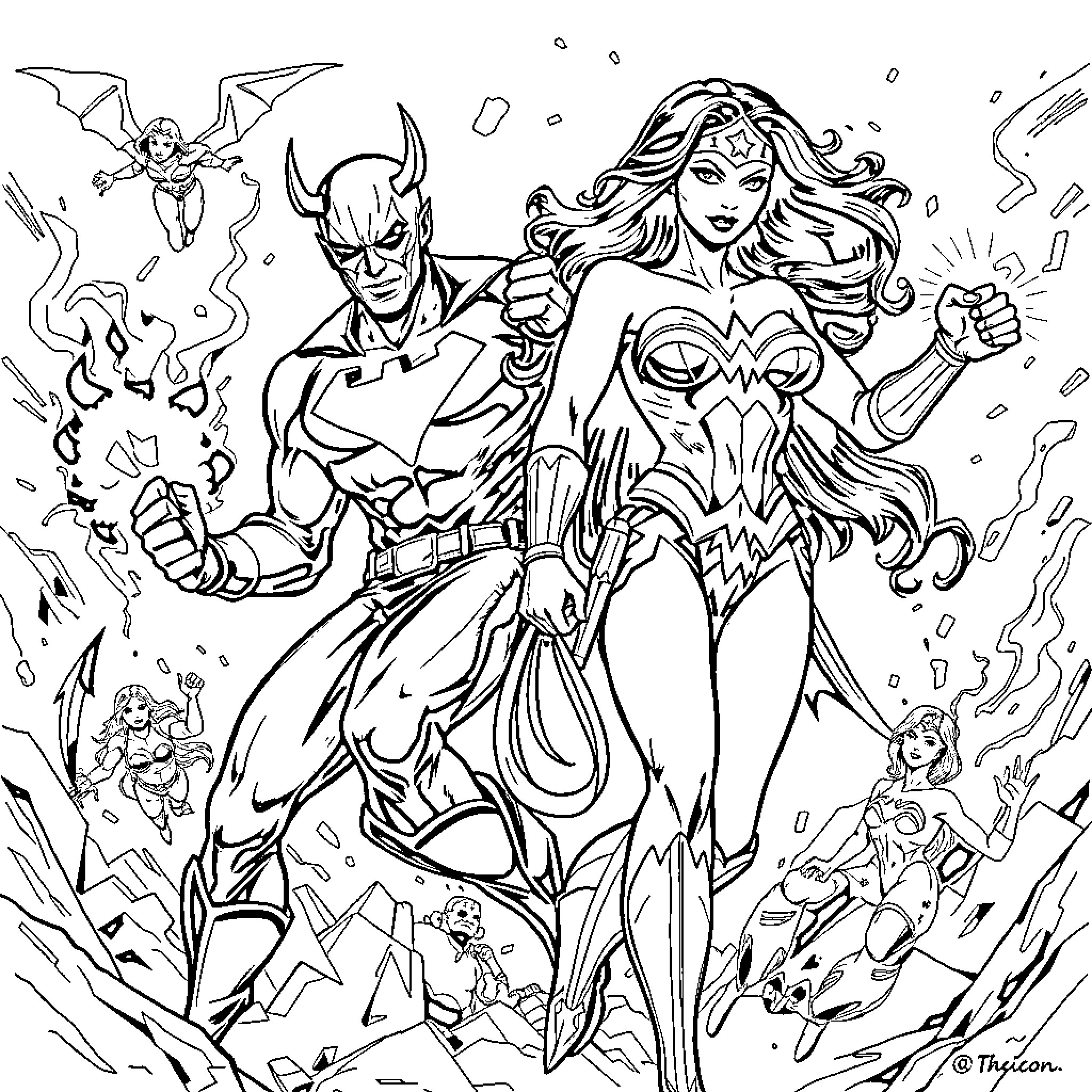Dare Devil Heroes in Action Coloring Page (free black-and-white line drawing printable PDF for all, from beginners to advanced learners, including children, teens, adults, and seniors)