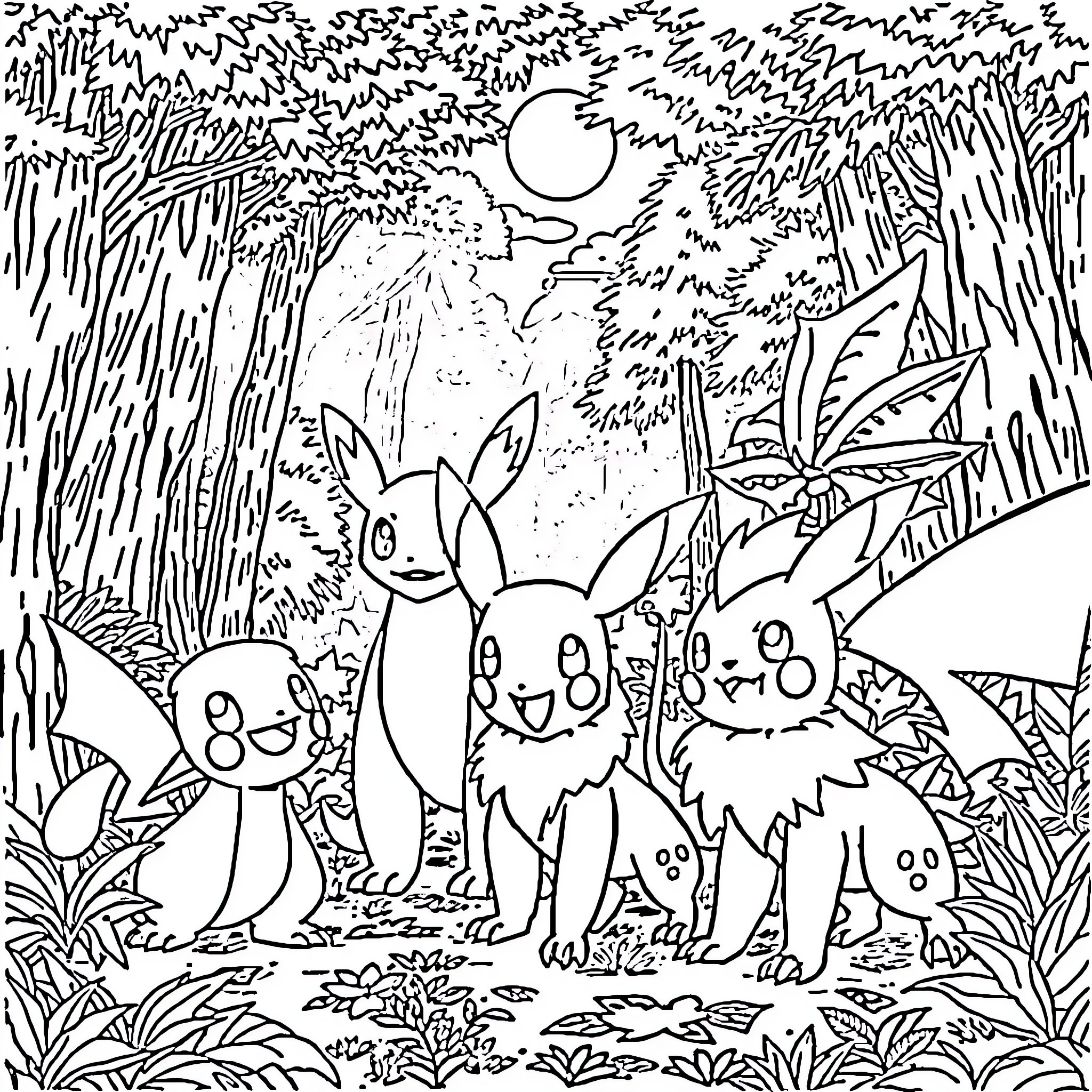 Pokémon Creatures Exploring a Moonlit Forest Landscape Coloring Page (free black-and-white line drawing printable PDF for all, from beginners to advanced learners, including children, teens, adults, and seniors)
