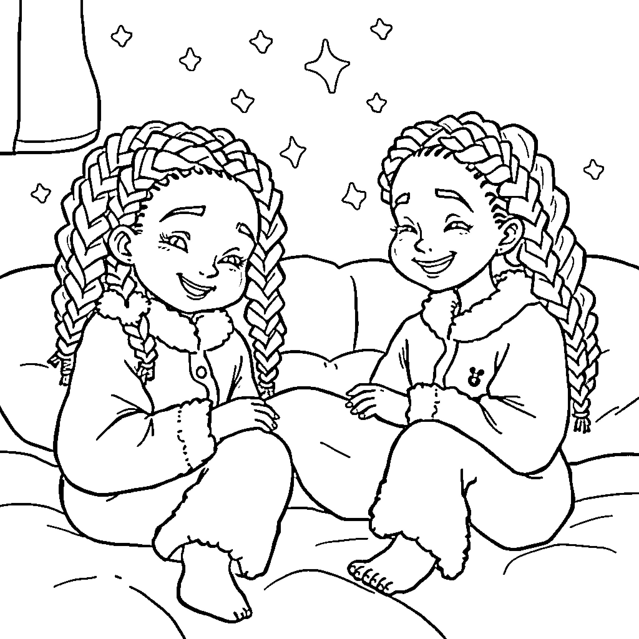 Girls in Braided Hairstyles Enjoying the Outdoors Coloring Page (free black-and-white line drawing printable PDF for all, from beginners to advanced learners, including children, teens, adults, and seniors)