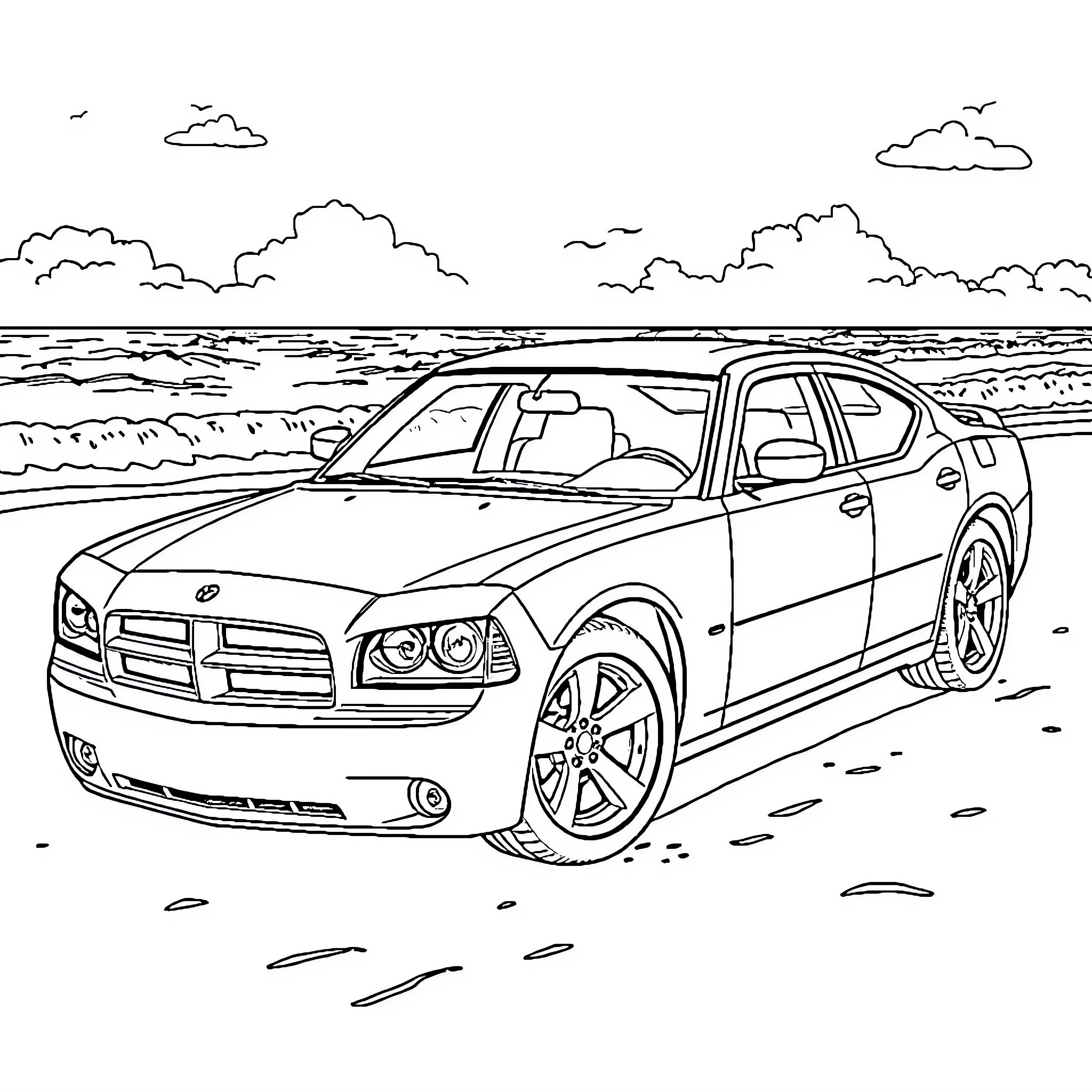 Dodge Charger on scenic coastal road Coloring Page (free black-and-white line drawing printable PDF for all, from beginners to advanced learners, including children, teens, adults, and seniors)