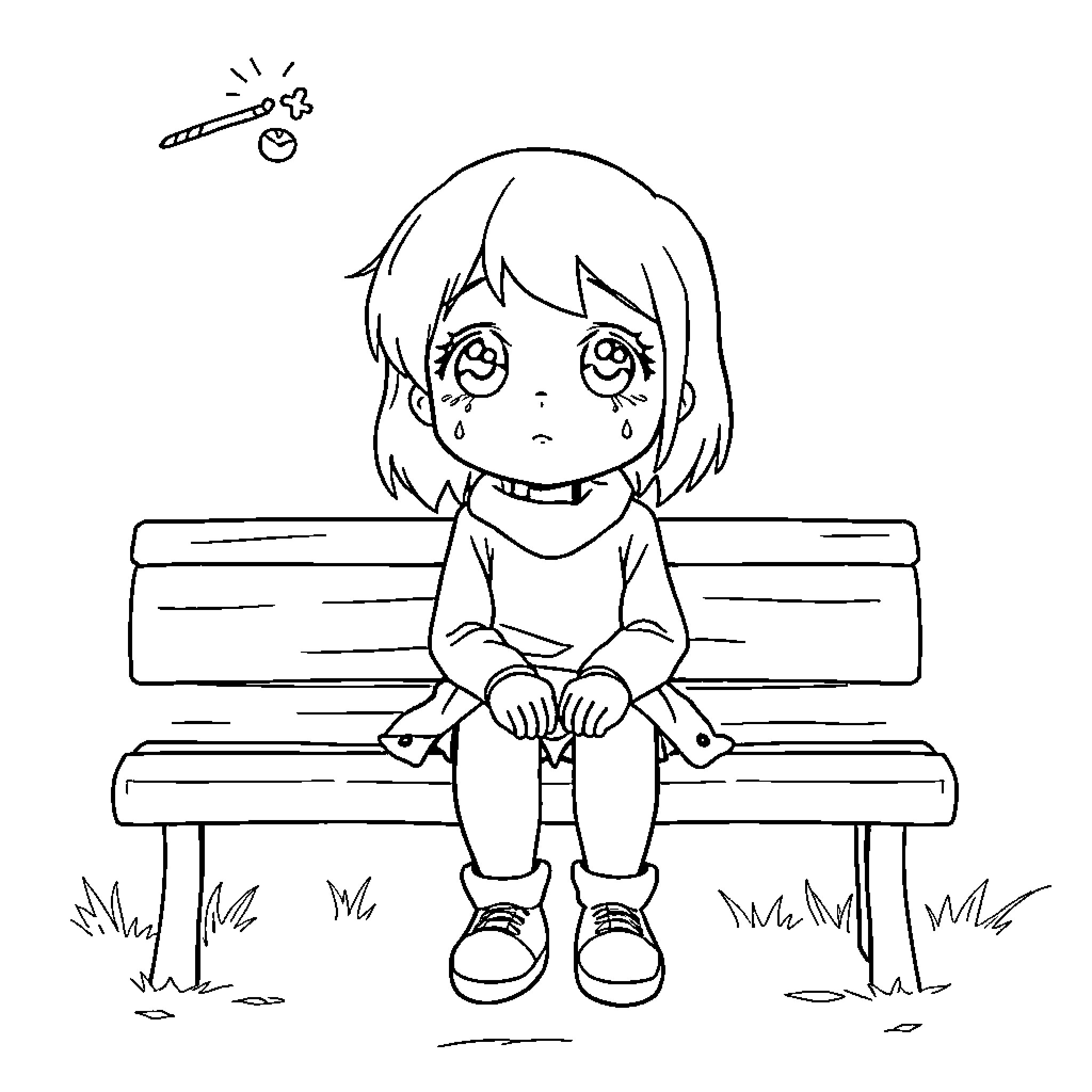 Riley Sitting Alone on a Bench Coloring Page (free black-and-white line drawing printable PDF for all, from beginners to advanced learners, including children, teens, adults, and seniors)