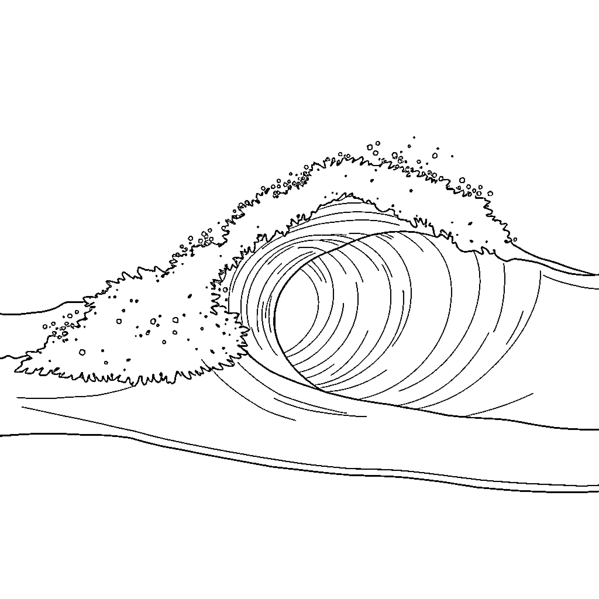Surf wave crashing with dynamic motion Coloring Page (free black-and-white line drawing printable PDF for all, from beginners to advanced learners, including children, teens, adults, and seniors)