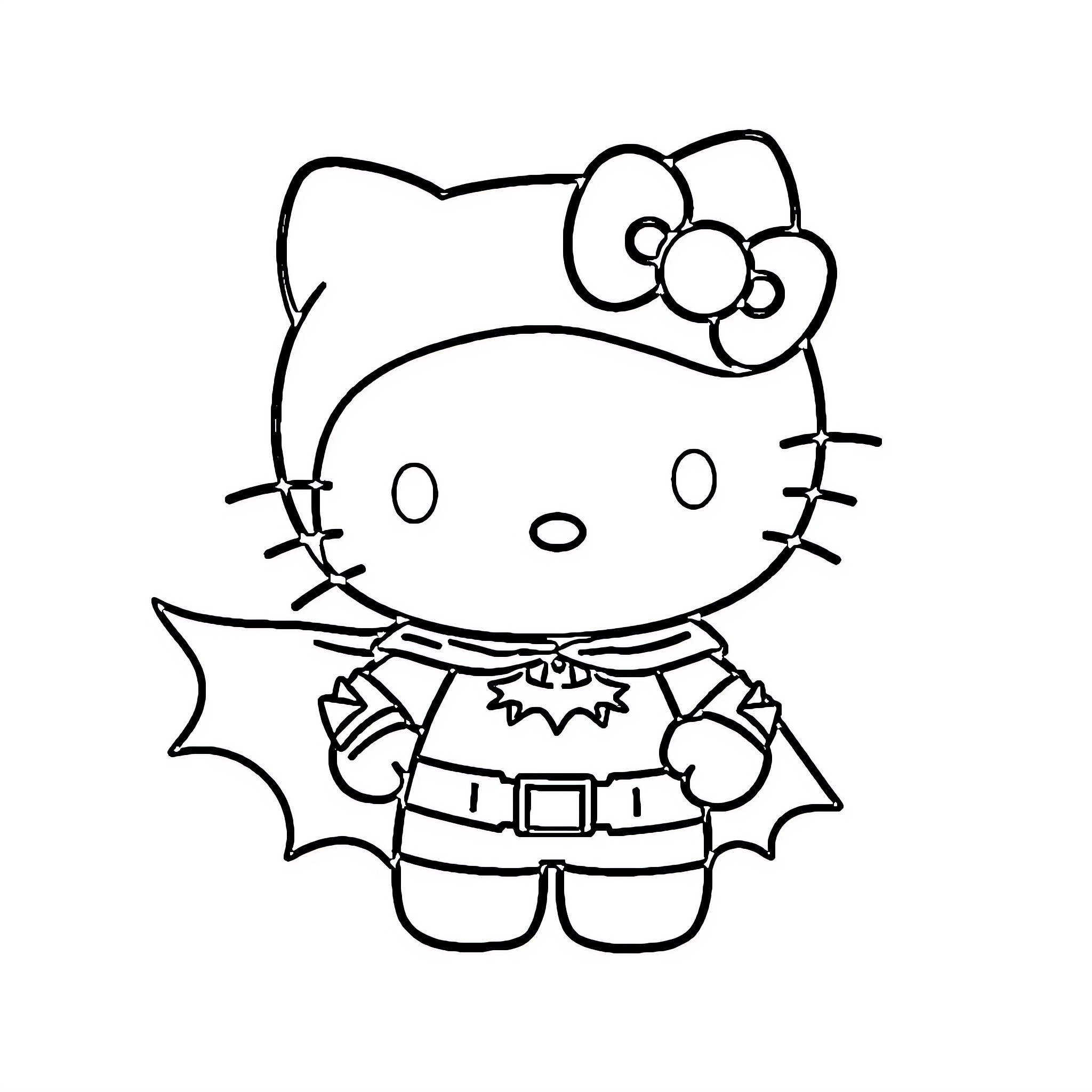 Hello Kitty dressed as a bat Coloring Page (free black-and-white line drawing printable PDF for all, from beginners to advanced learners, including children, teens, adults, and seniors)