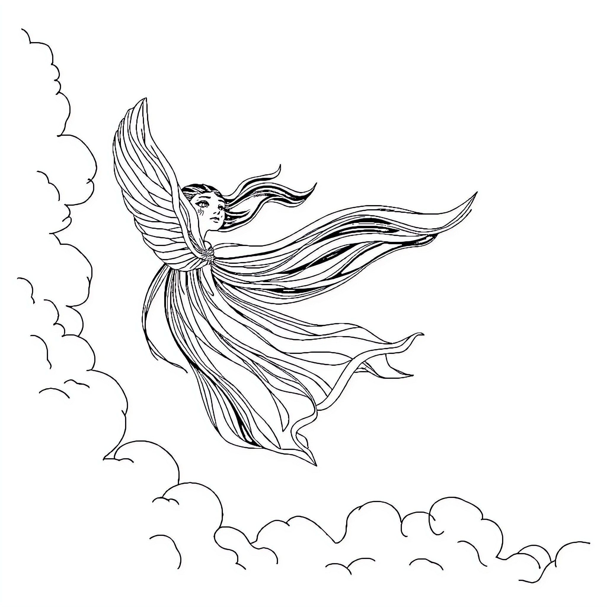 Soul of a Winged Dancer in the Clouds Coloring Page (free black-and-white line drawing printable PDF for all, from beginners to advanced learners, including children, teens, adults, and seniors)