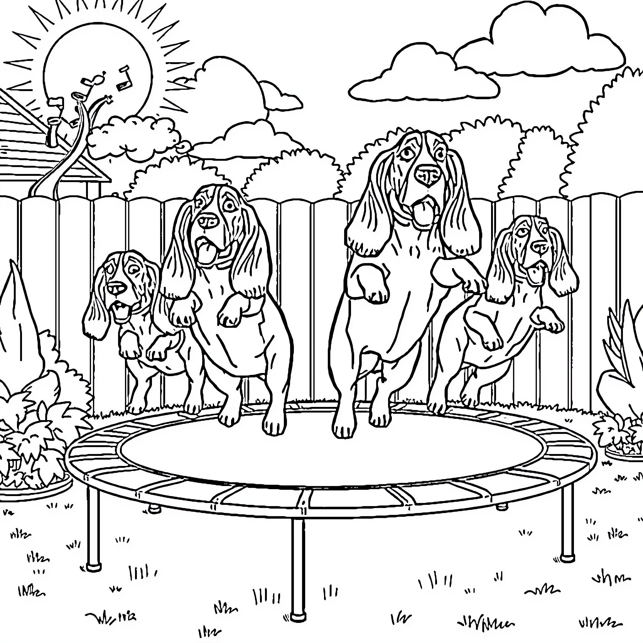 Basset Hounds Playing on a Trampoline Coloring Page (free black-and-white line drawing printable PDF for all, from beginners to advanced learners, including children, teens, adults, and seniors)