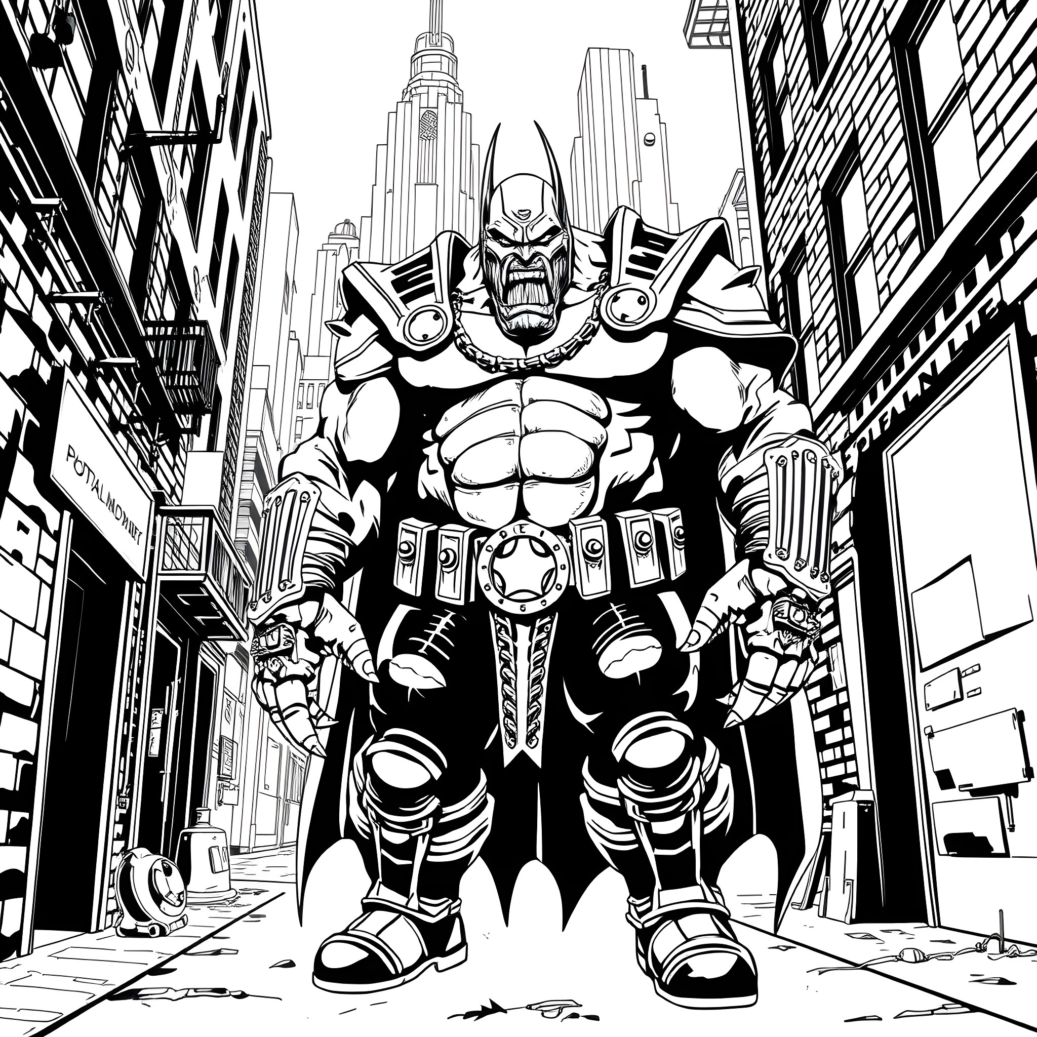 Bane, the muscular villain, looms over a dystopian city Coloring Page (free black-and-white line drawing printable PDF for all, from beginners to advanced learners, including children, teens, adults, and seniors)