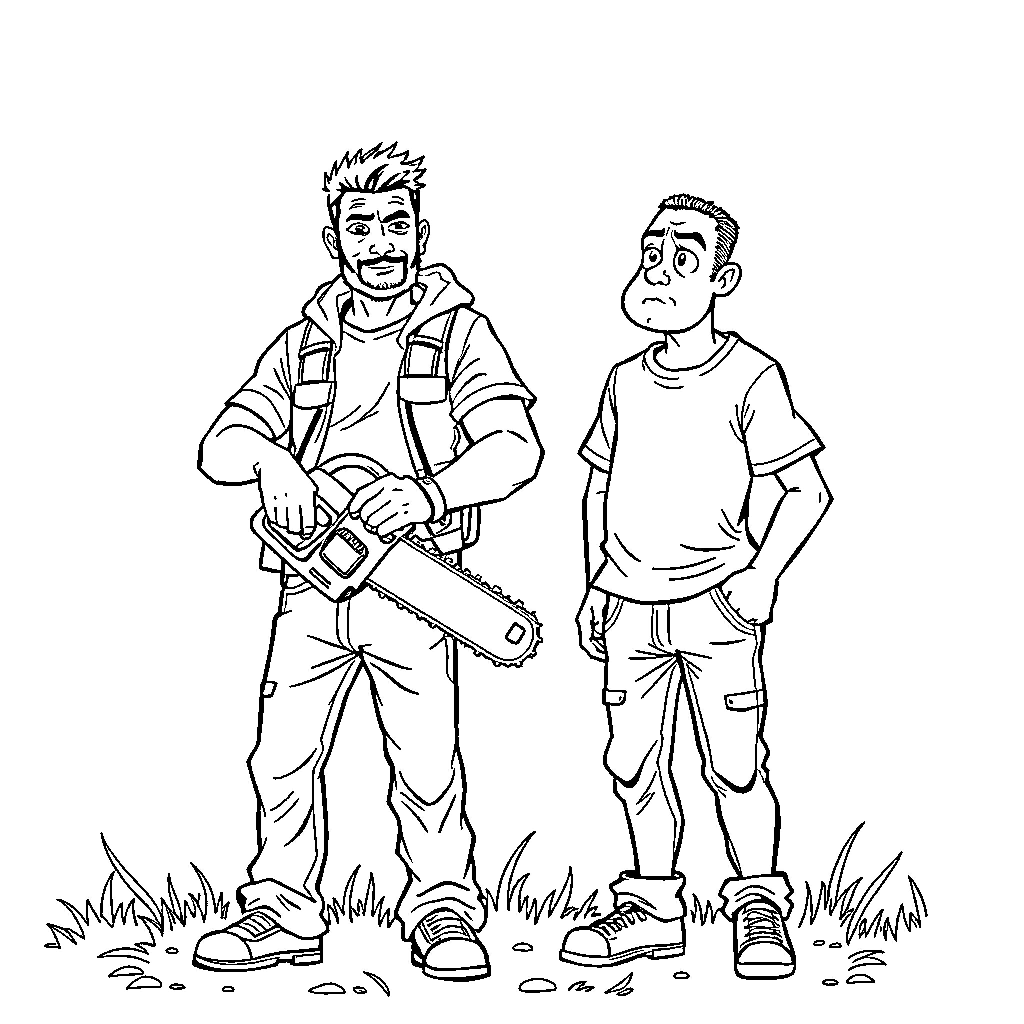 Chainsaw-wielding men in casual attire Coloring Page (free black-and-white line drawing printable PDF for all, from beginners to advanced learners, including children, teens, adults, and seniors)