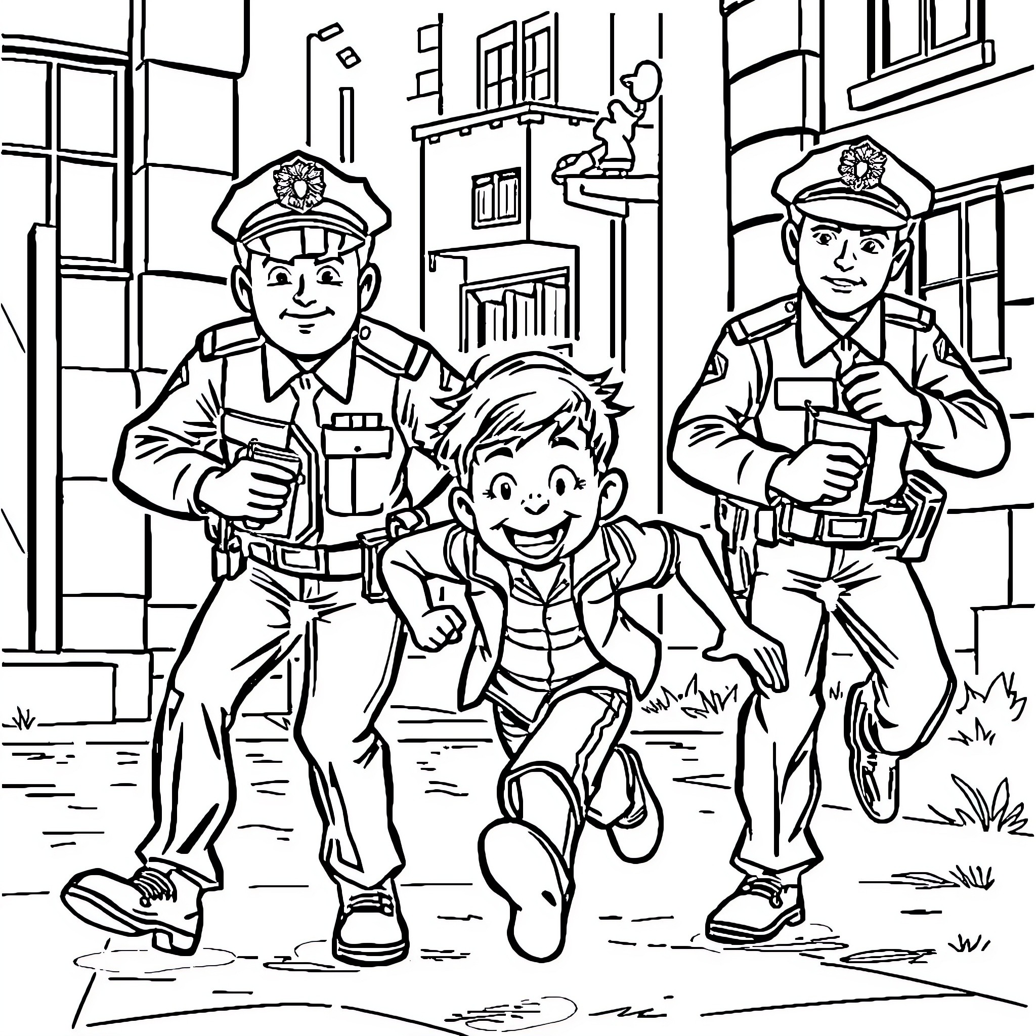 Police Officers Assisting a Cheerful Child on the Street Coloring Page (free black-and-white line drawing printable PDF for all, from beginners to advanced learners, including children, teens, adults, and seniors)