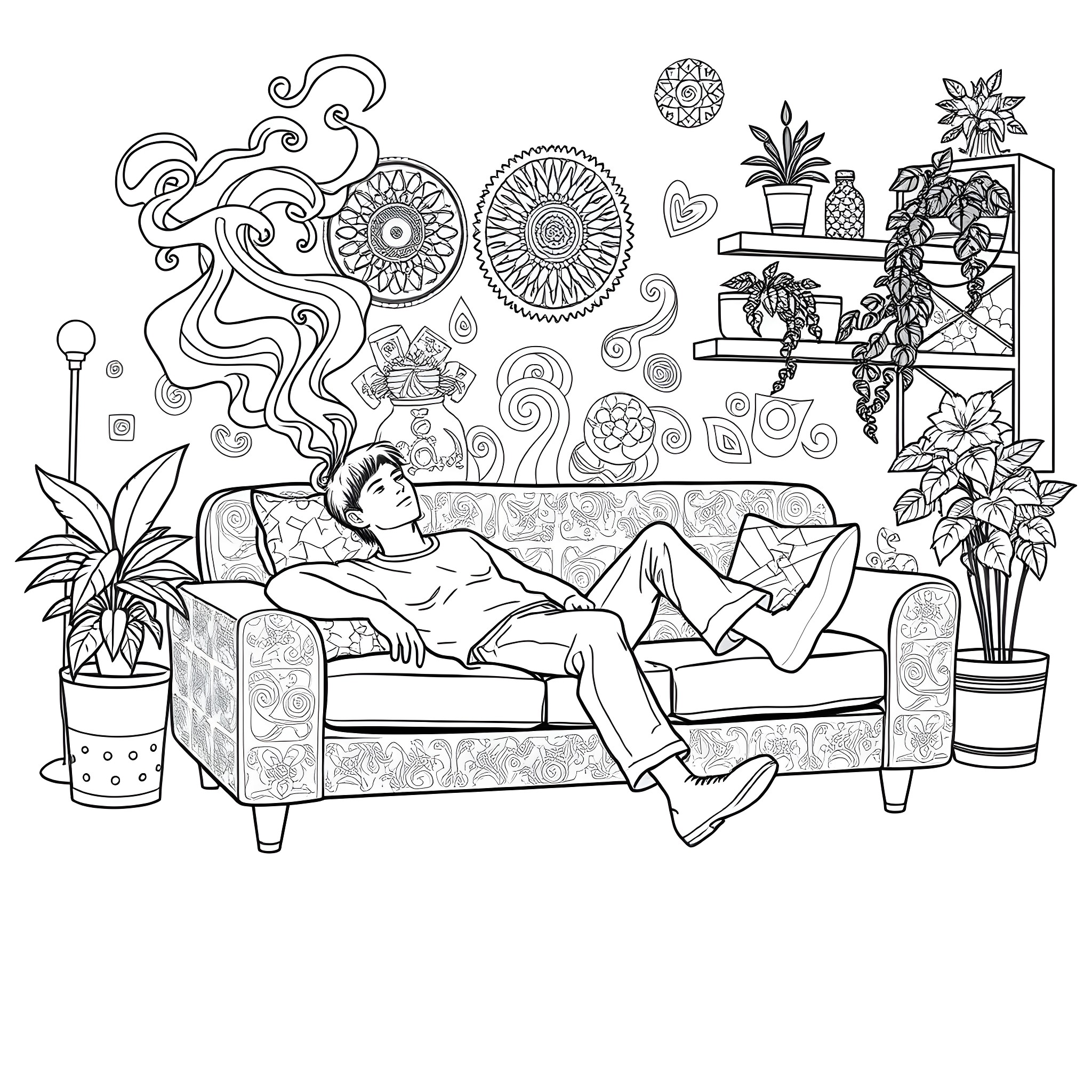 Stoner's Introspective Escape Coloring Page (free black-and-white line drawing printable PDF for all, from beginners to advanced learners, including children, teens, adults, and seniors)